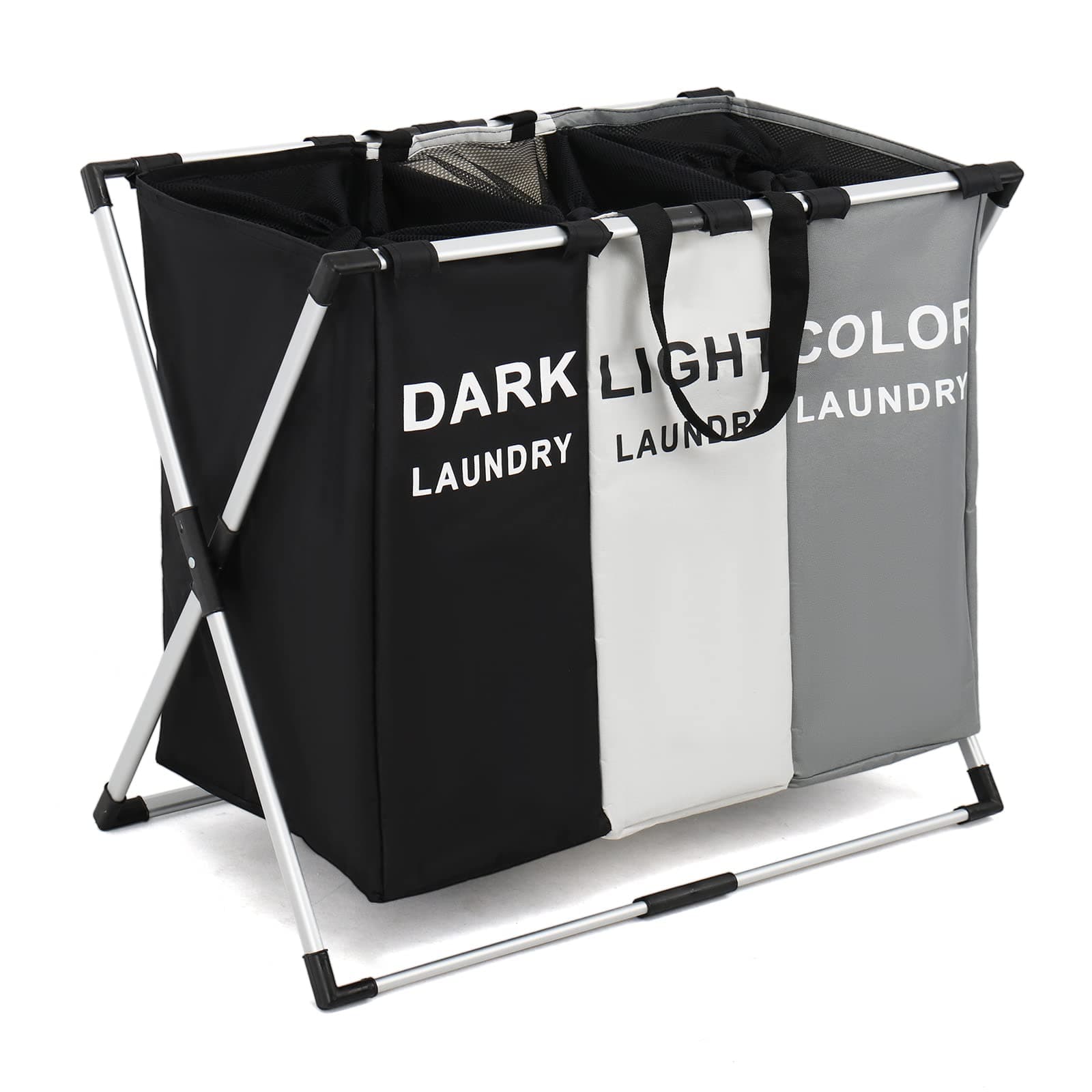 3 Section Foldable Aluminum Laundry Hamper with Mesh Cover (White+Grey+Black)