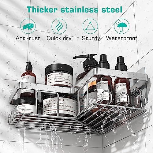 YASONIC Rustproof 3-Pack Adhesive Shower Caddy, 12 Hooks, Soap Holder, Brushed Silver