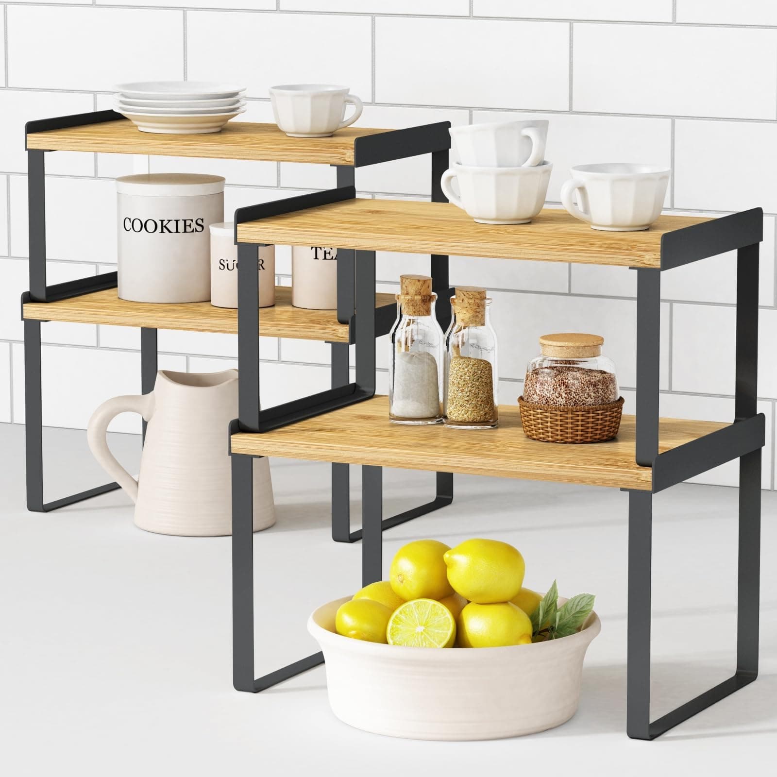 Bamboo & Black Expandable Kitchen Cabinet Organizer Set of 4 Shelves