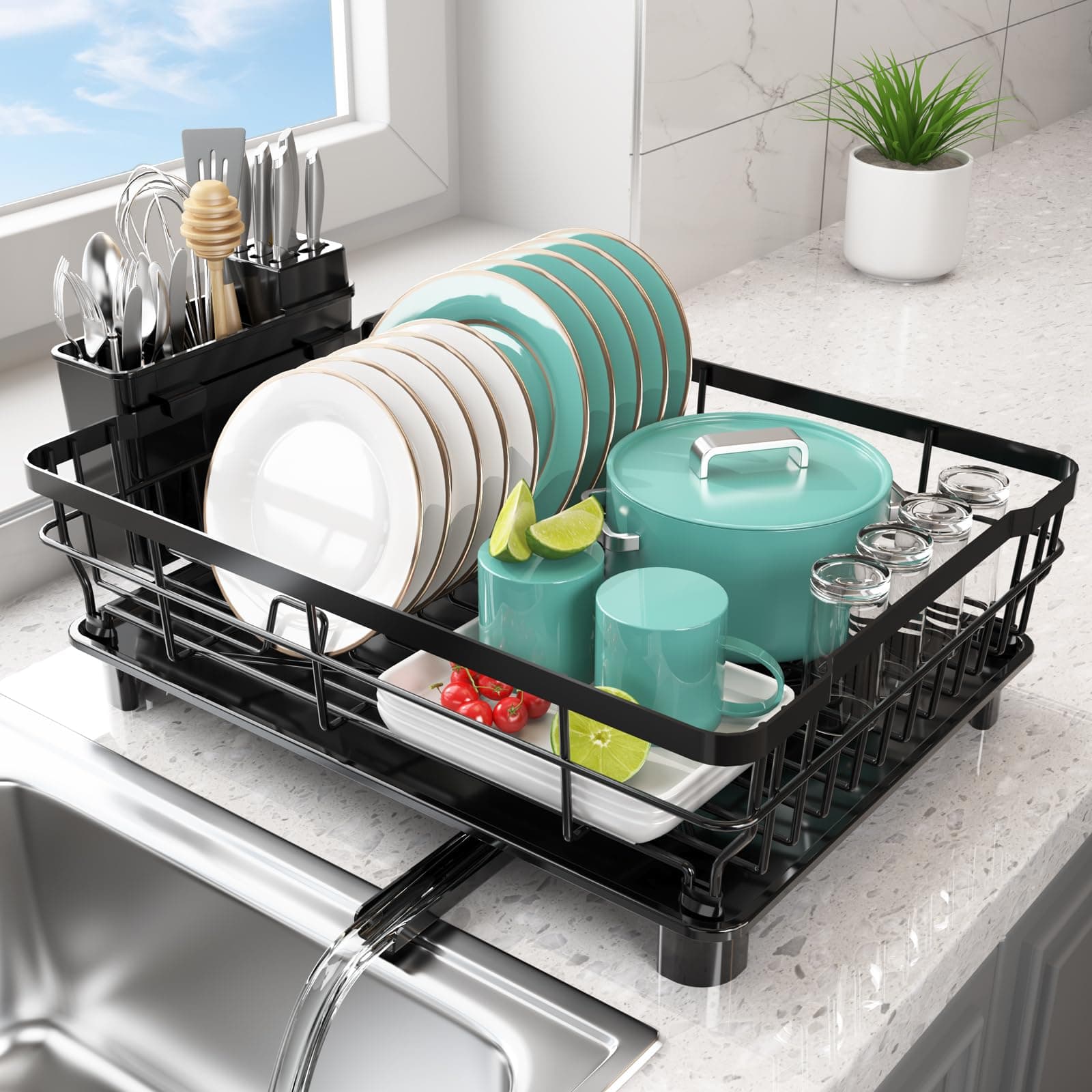Space Saving Dish Drying Rack for Kitchen Counter - Rustproof with Drainboard and Utensil Holder