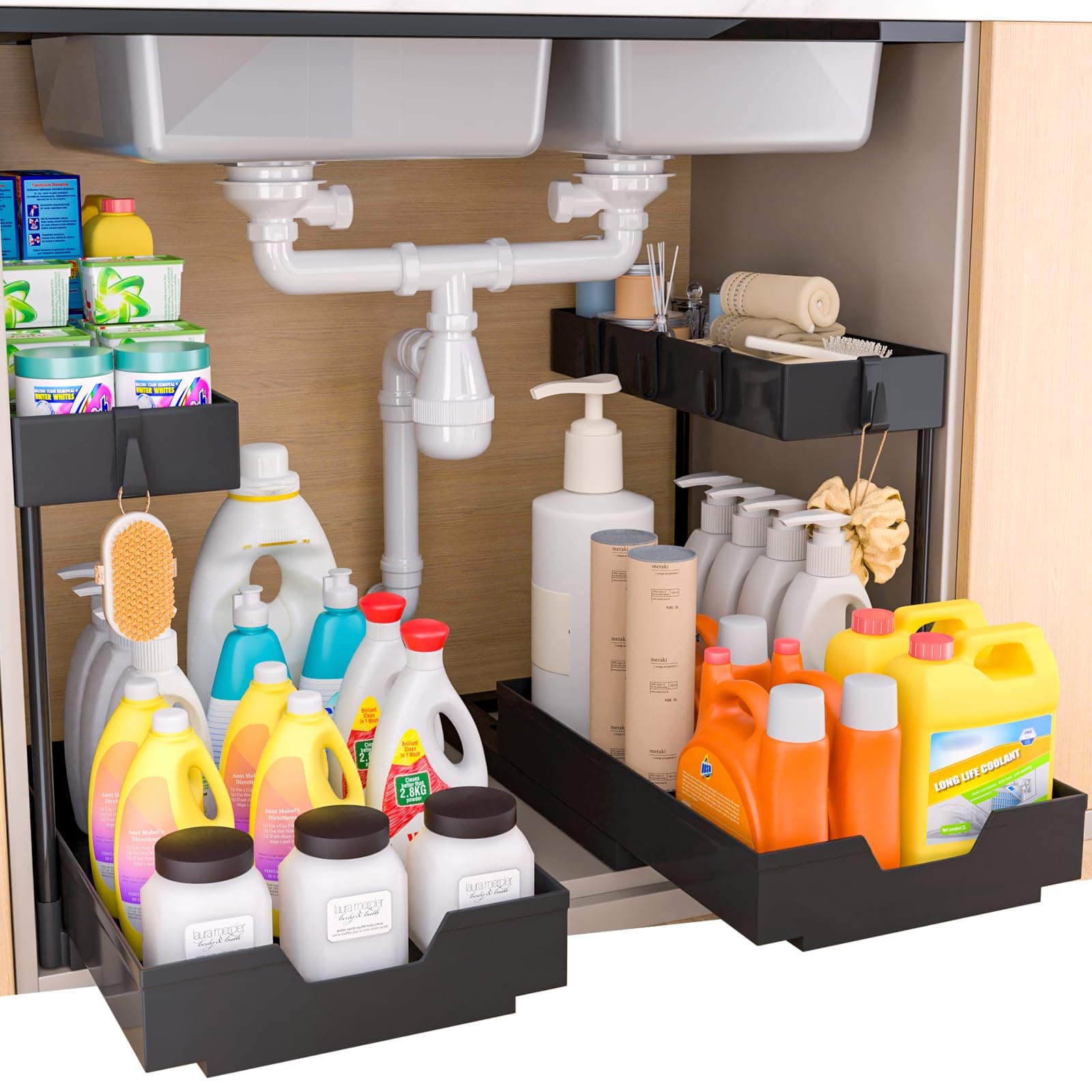 NATURE'S SOURCE 2-Tier Under Sink Organizers, Black 2-Pack
