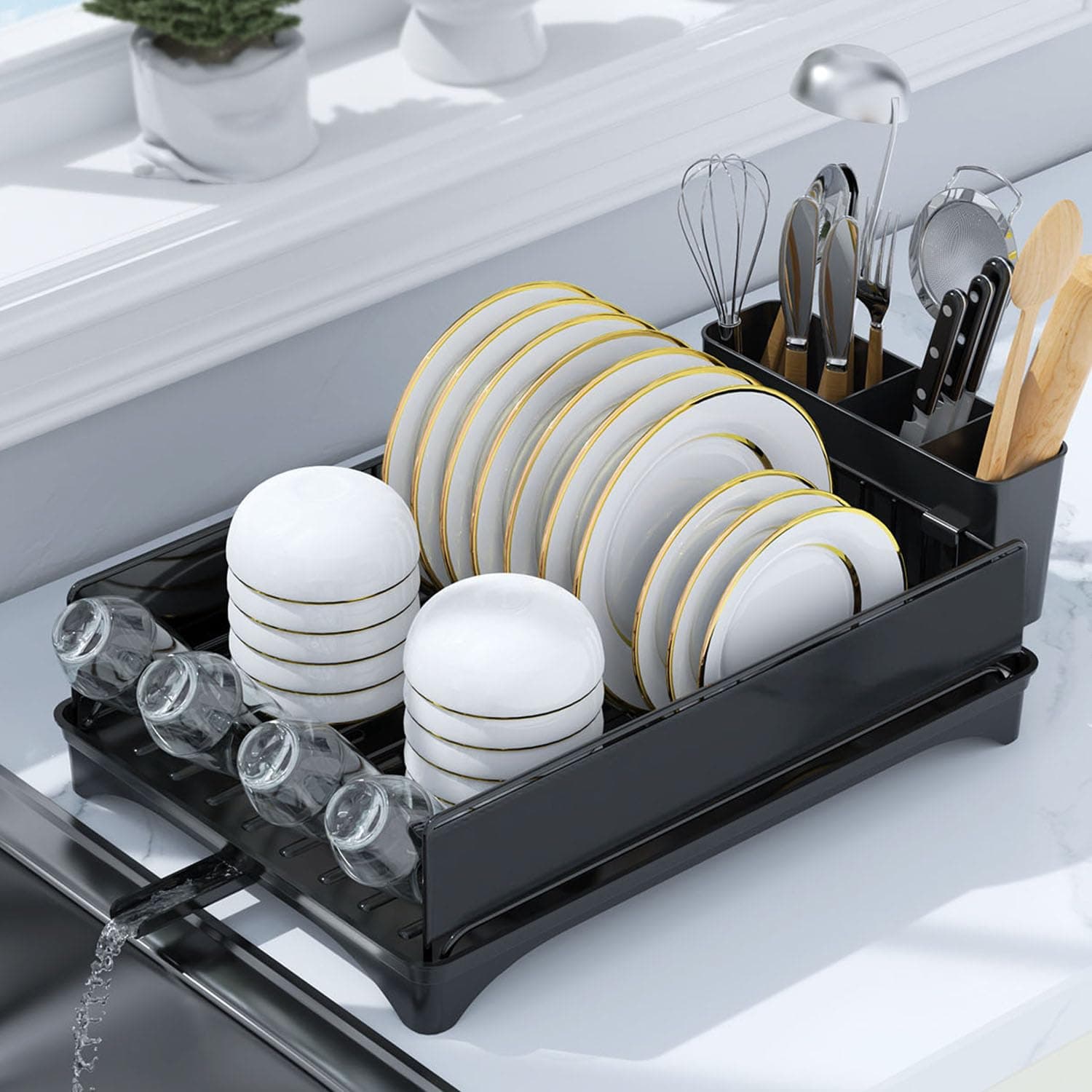 Black Kitchen Counter Dish Drying Rack with Drain & Cutlery Holder