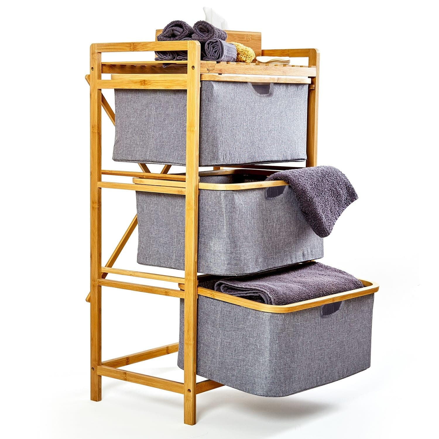 Bamboo 3-Tier Pull-Out Hamper Organizer with Towel Cabinet Handle