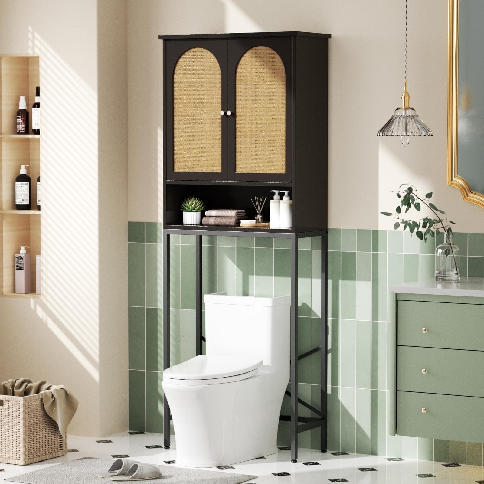 Rattan Toilet Storage Cabinet with Metal Stand, Adjustable Shelf, Freestanding Washer Shelf, Space Saver, Natural Style - Black