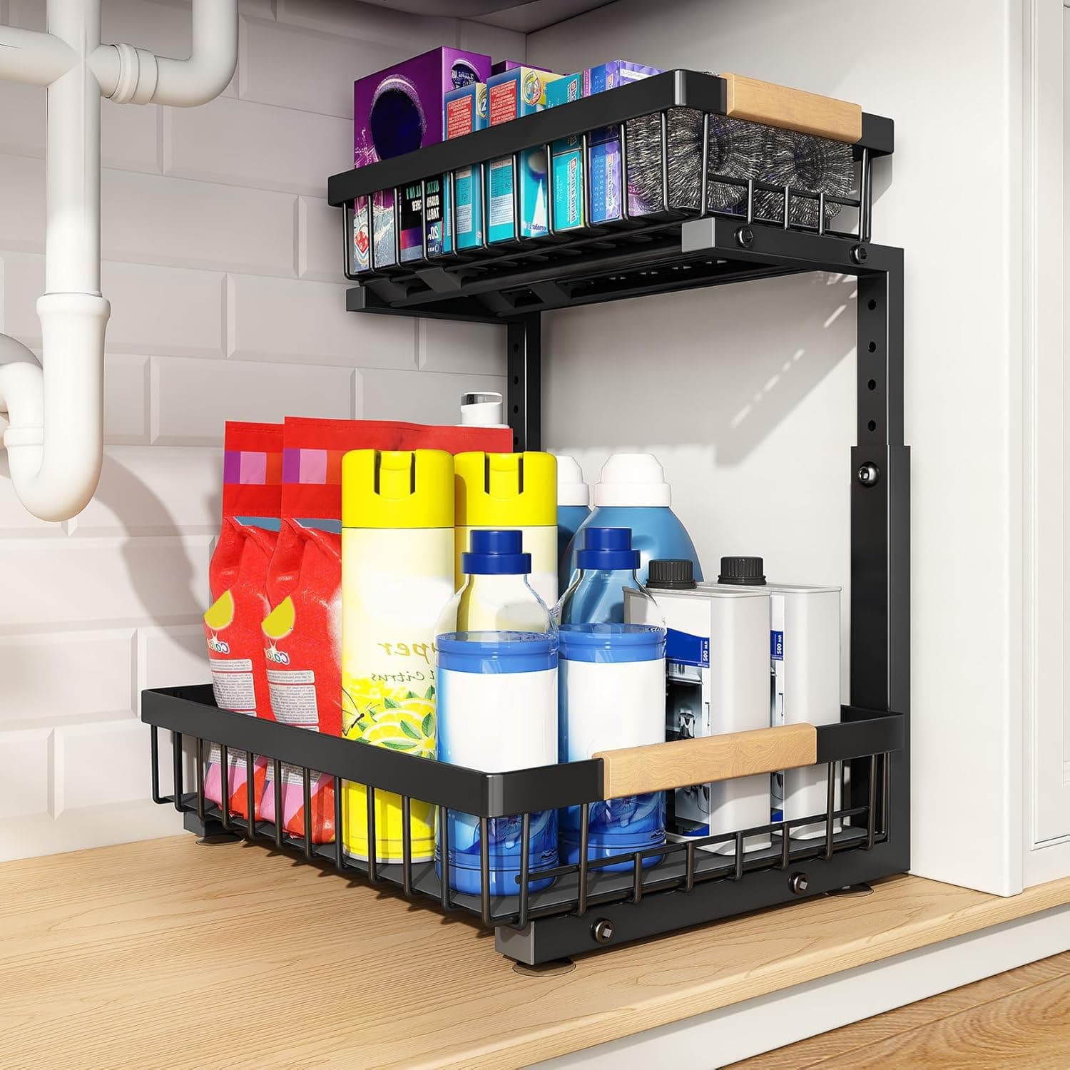 PXRACK Large Under Sink Organizer, Black, 2-Tier Slide Out, Black, 1 Pack
