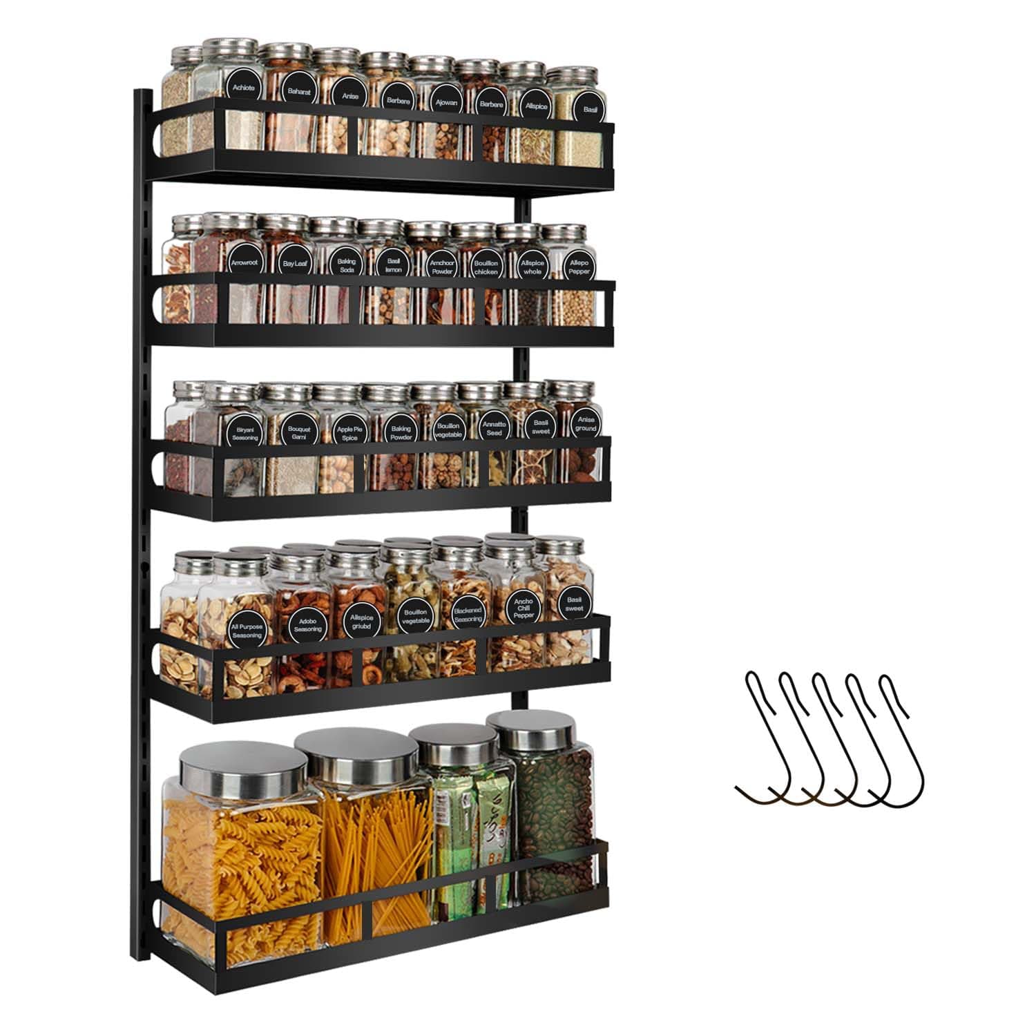 X-cosrack 5-Tier Height-Adjustable Wall Mount Spice Rack Organizer for Kitchen Pantry - Dual-Use Seasoning Holder with Hooks, Black