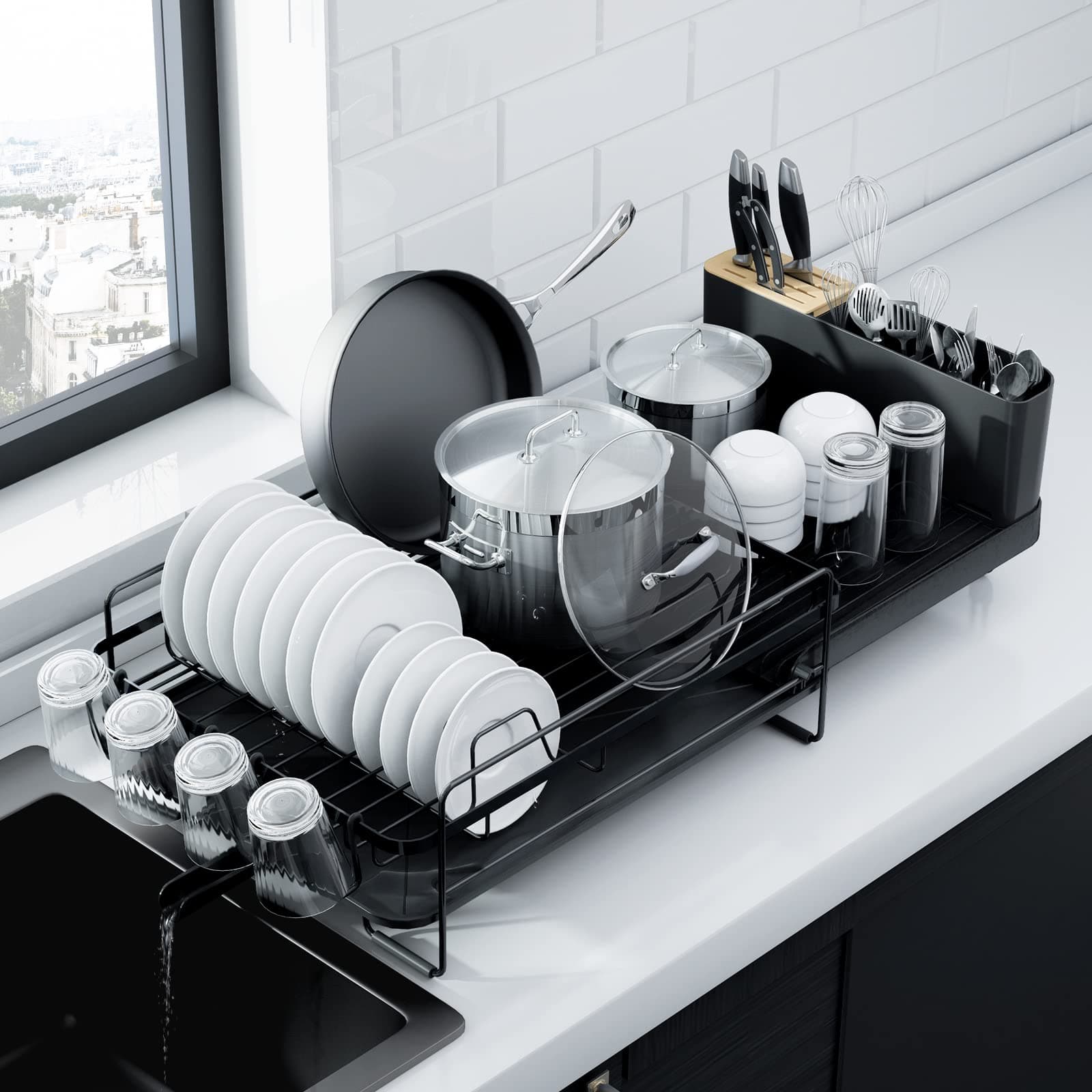 Kitsure Extendable Large Dish Drying Rack with Cutlery and Cup Holders - Anti-Rust Kitchen Organizer