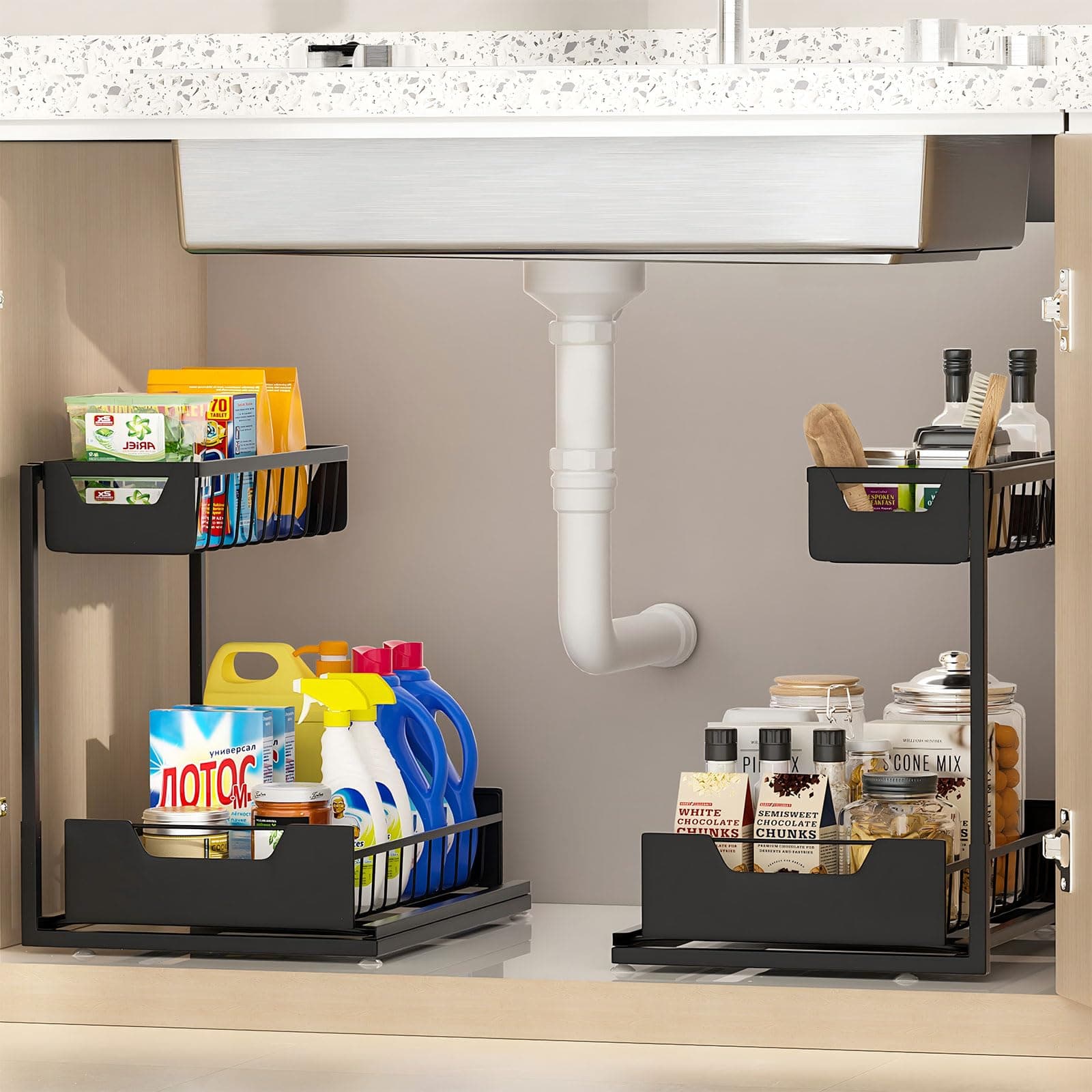 Black 2-Pack 2-Tier Metal Under Sink Organizer for Bathroom