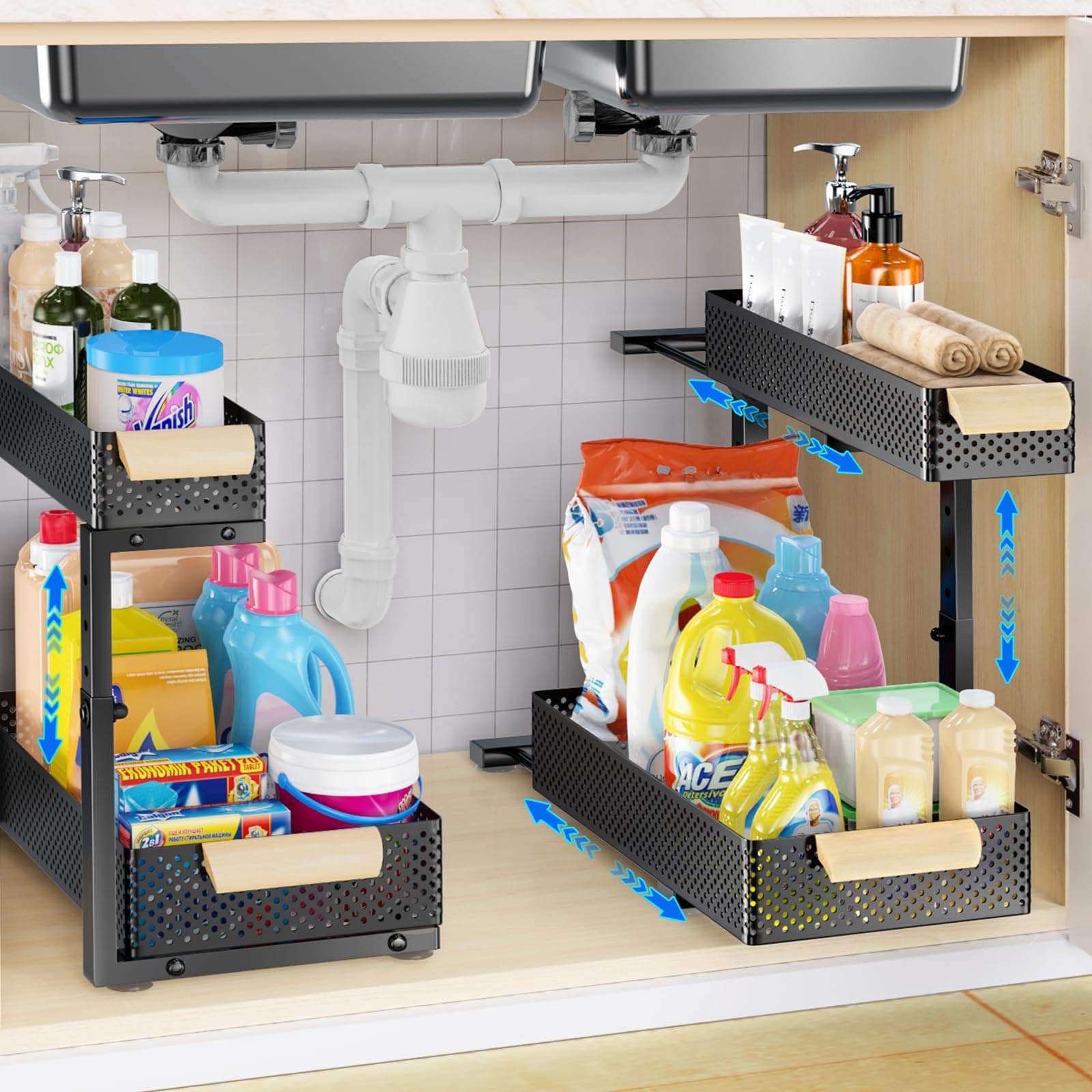 2-Pack 5 Height Adjustable Kitchen & Bathroom Cabinet Organizer Drawers