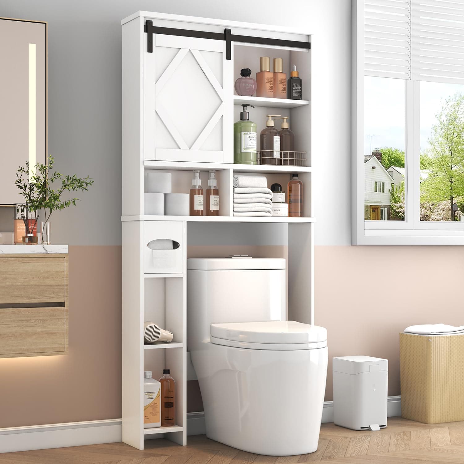 White Farmhouse Sliding Door Toilet Cabinet with Storage & Organizer