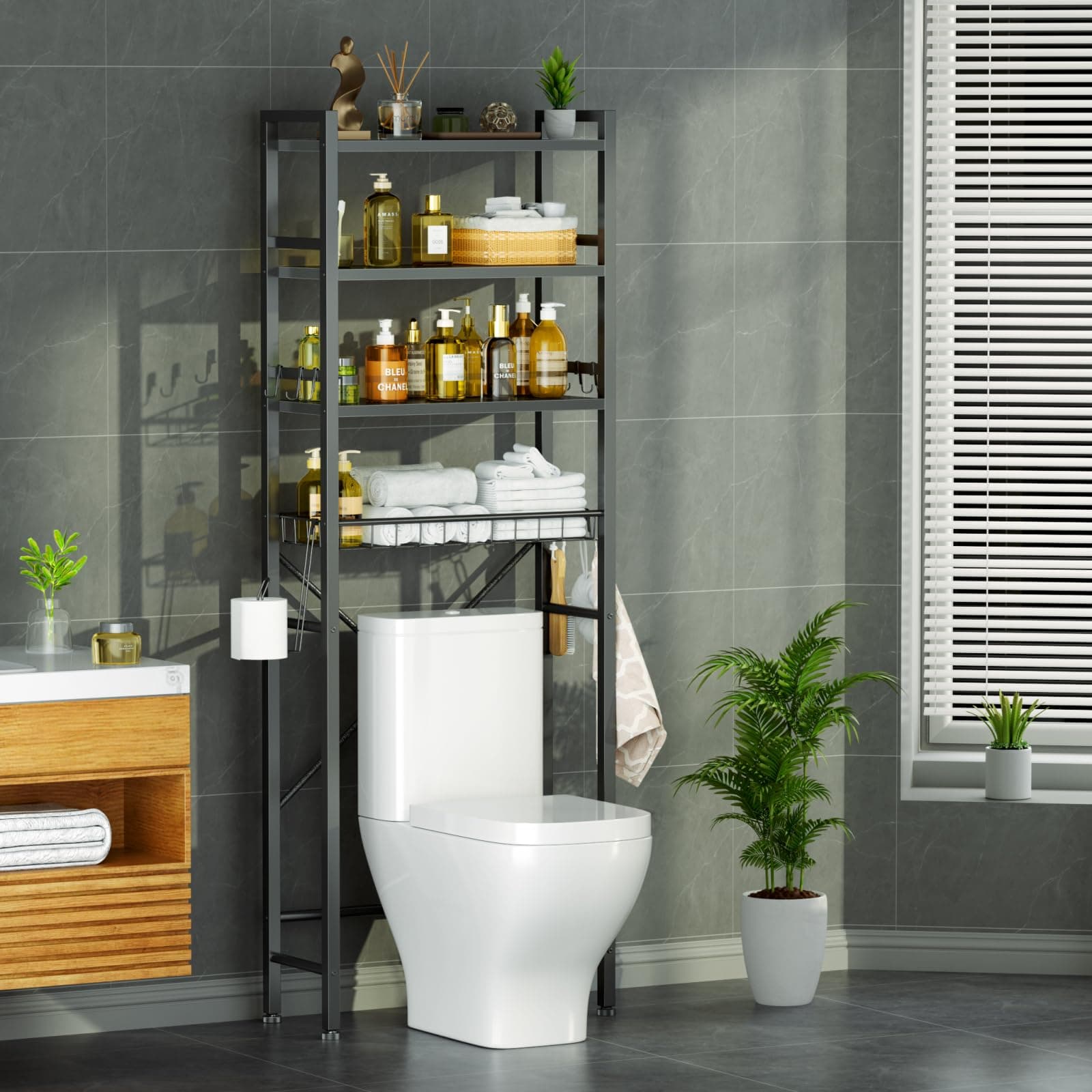 Black Over-The-Toilet Storage with 4 Tiers and 9 Hooks