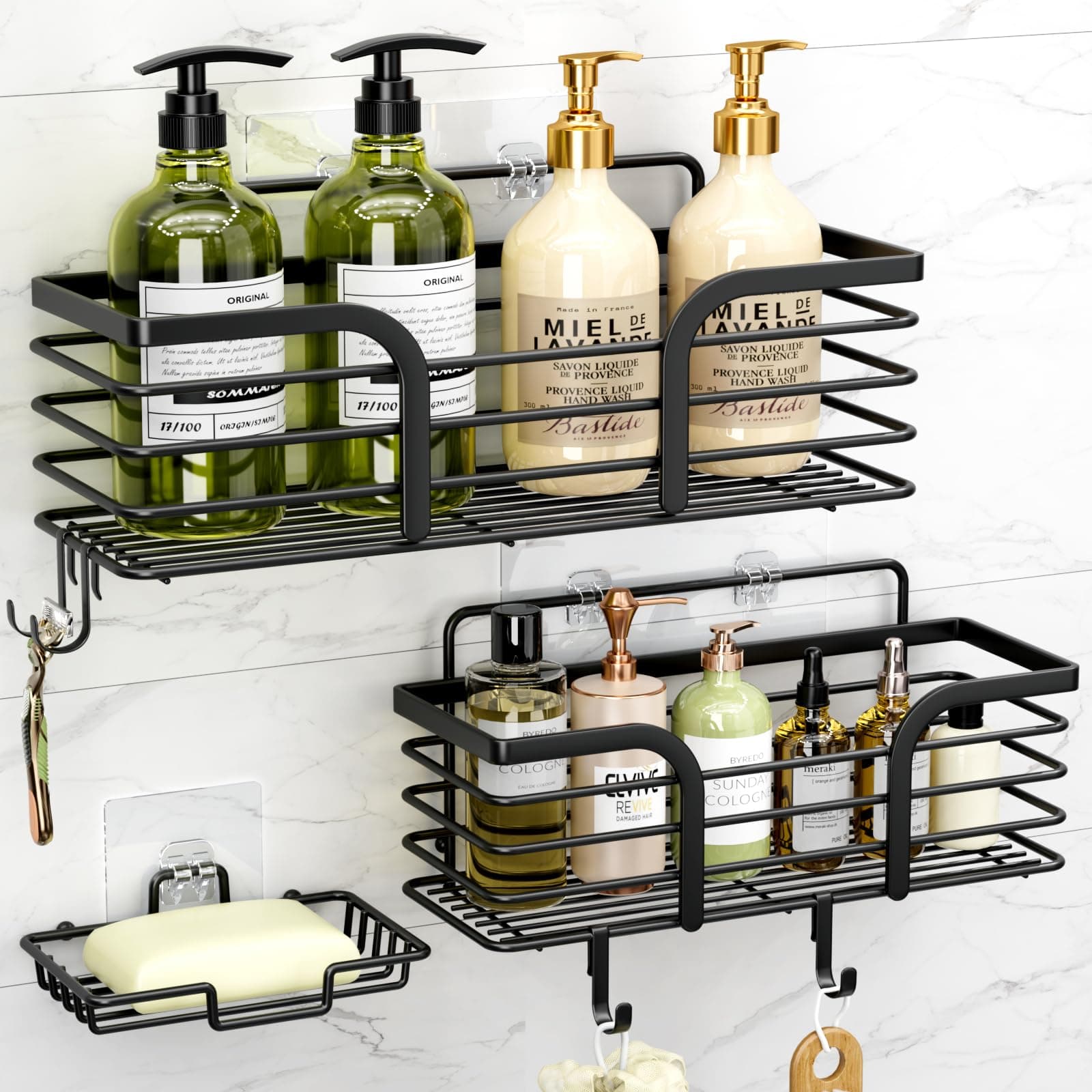 Rustproof Stainless Steel Shower Organizer, Soap Dish & 4 Hooks, Adhesive Mount No Drill Shelf Basket Accessories
