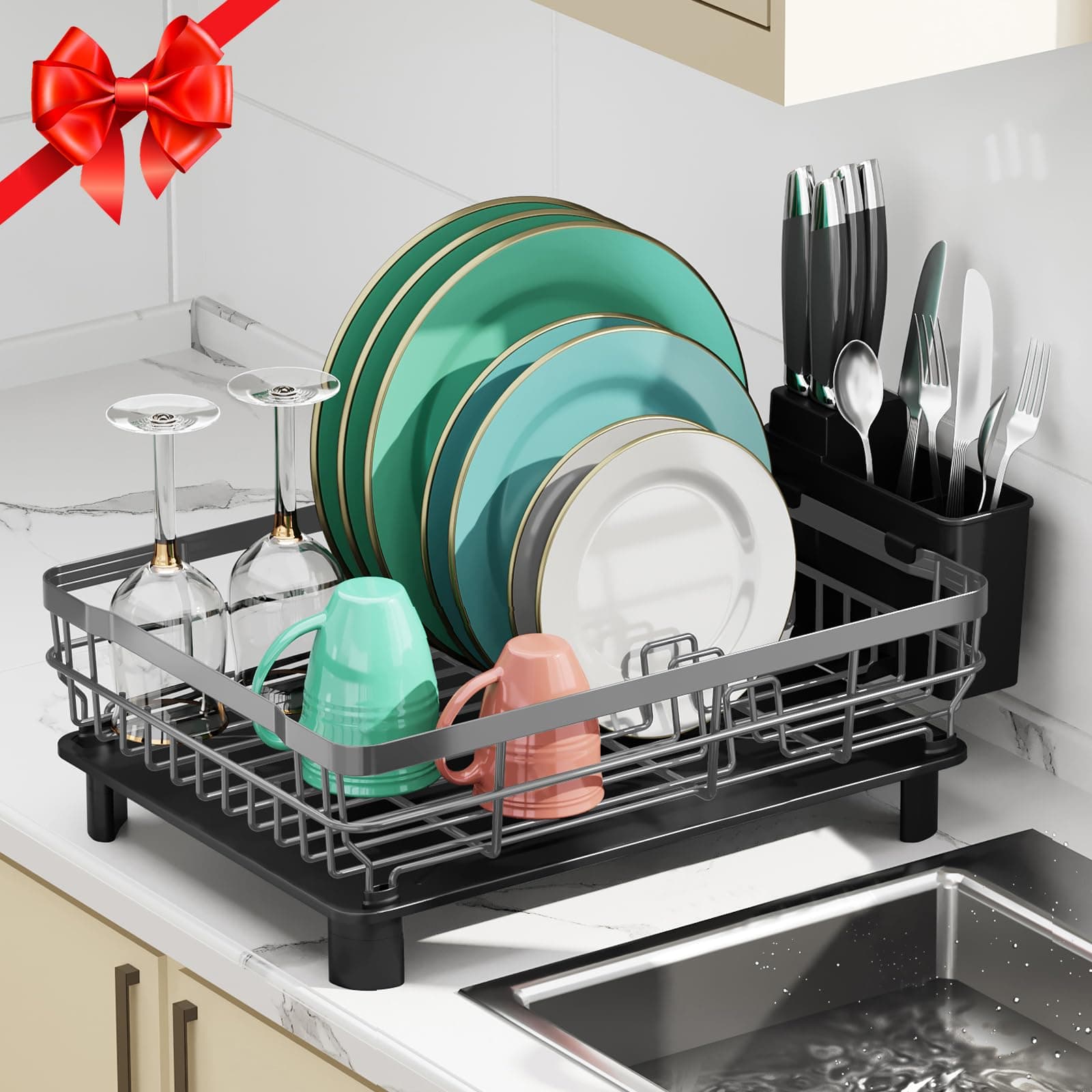 MOUKABAL Large Dish Drying Rack with Removable Holder, Grey/Gray