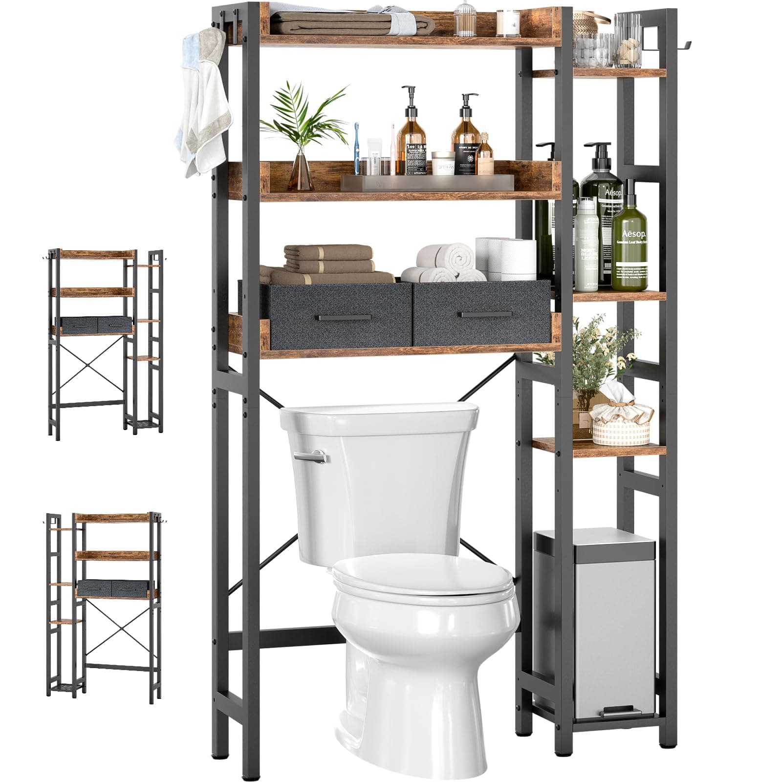 Rustic Brown 7 Tier Toilet Organizer with 2 Drawers & 4 Hooks