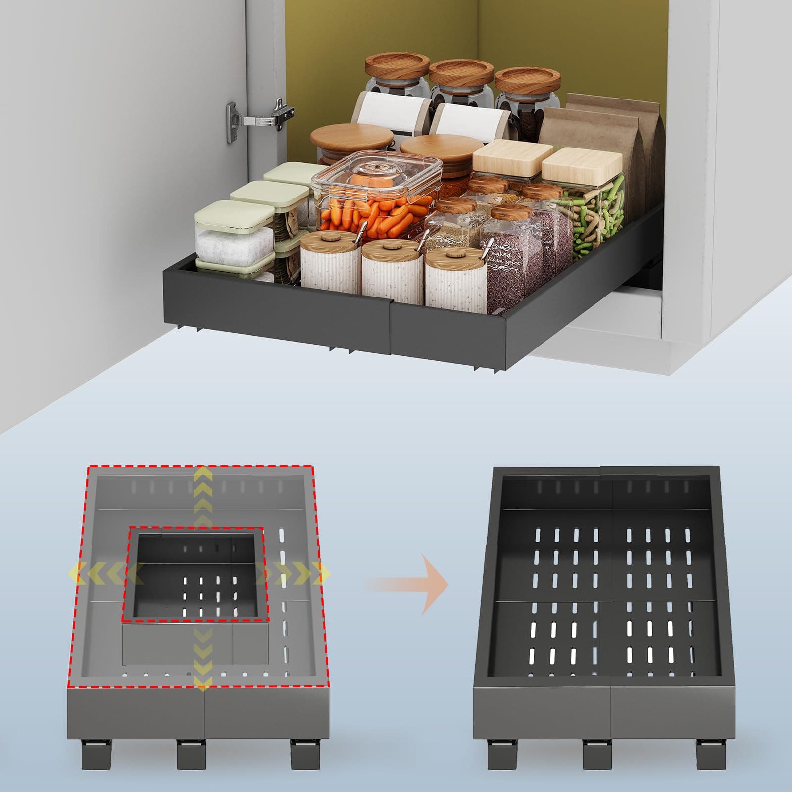 Black Expandable Cabinet Organizer (11"-16" W, 17"-24" D), 3 Rails, Rollout Drawers, No Drill Shelves, Kitchen & Pantry