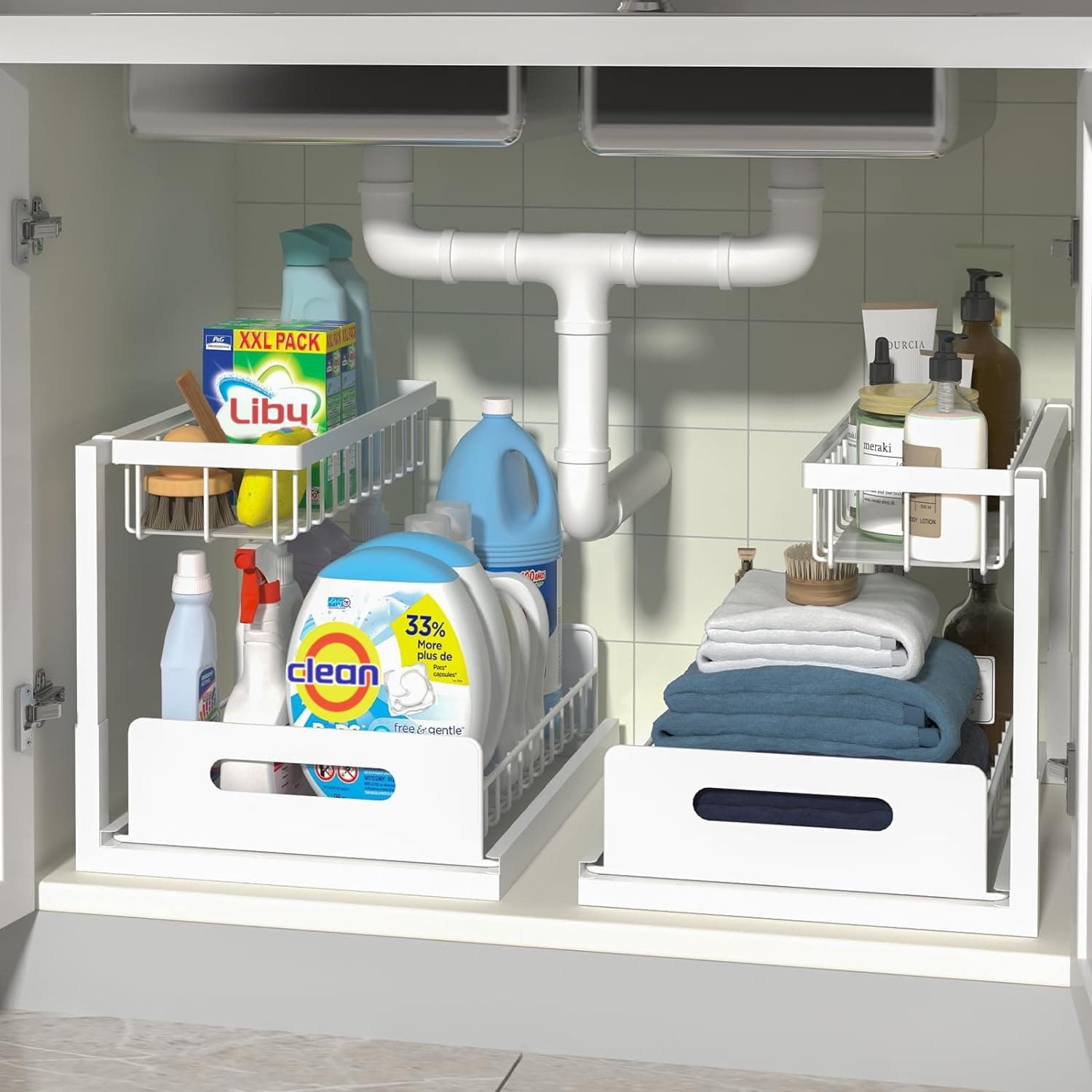 2 Pack Metal Under Sink Organizers with Sliding Drawer, White, Kitchen & Bathroom Storage