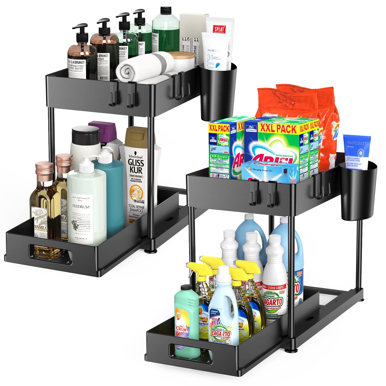 2-Pack Heavy-Duty Under Sink Organizers with Sliding Drawers for Kitchen and Bathroom - Black (12 x 8.7 x 15.7 inches)