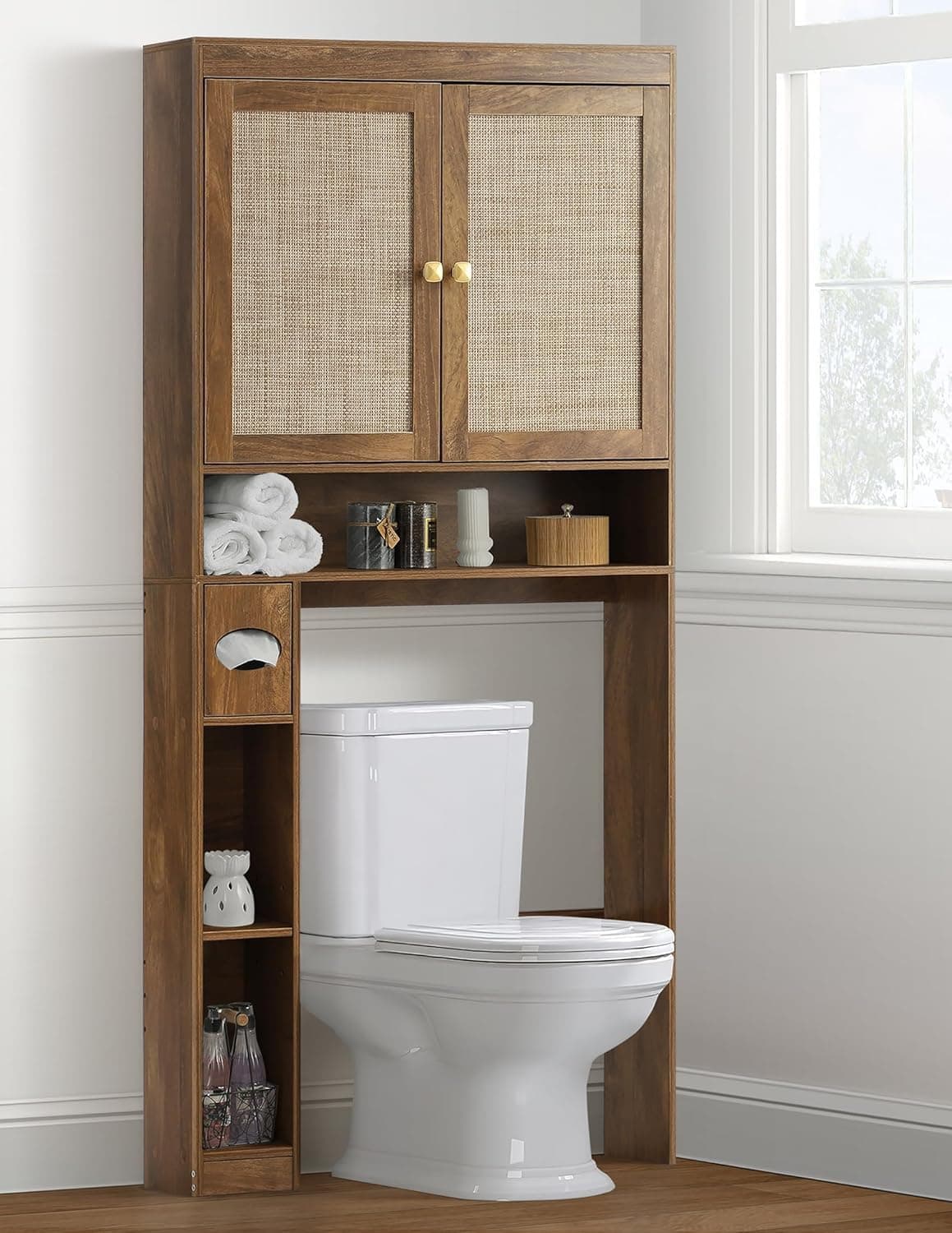 Rustic Brown Over Toilet Organizer with Double Doors & Adjustable Shelf