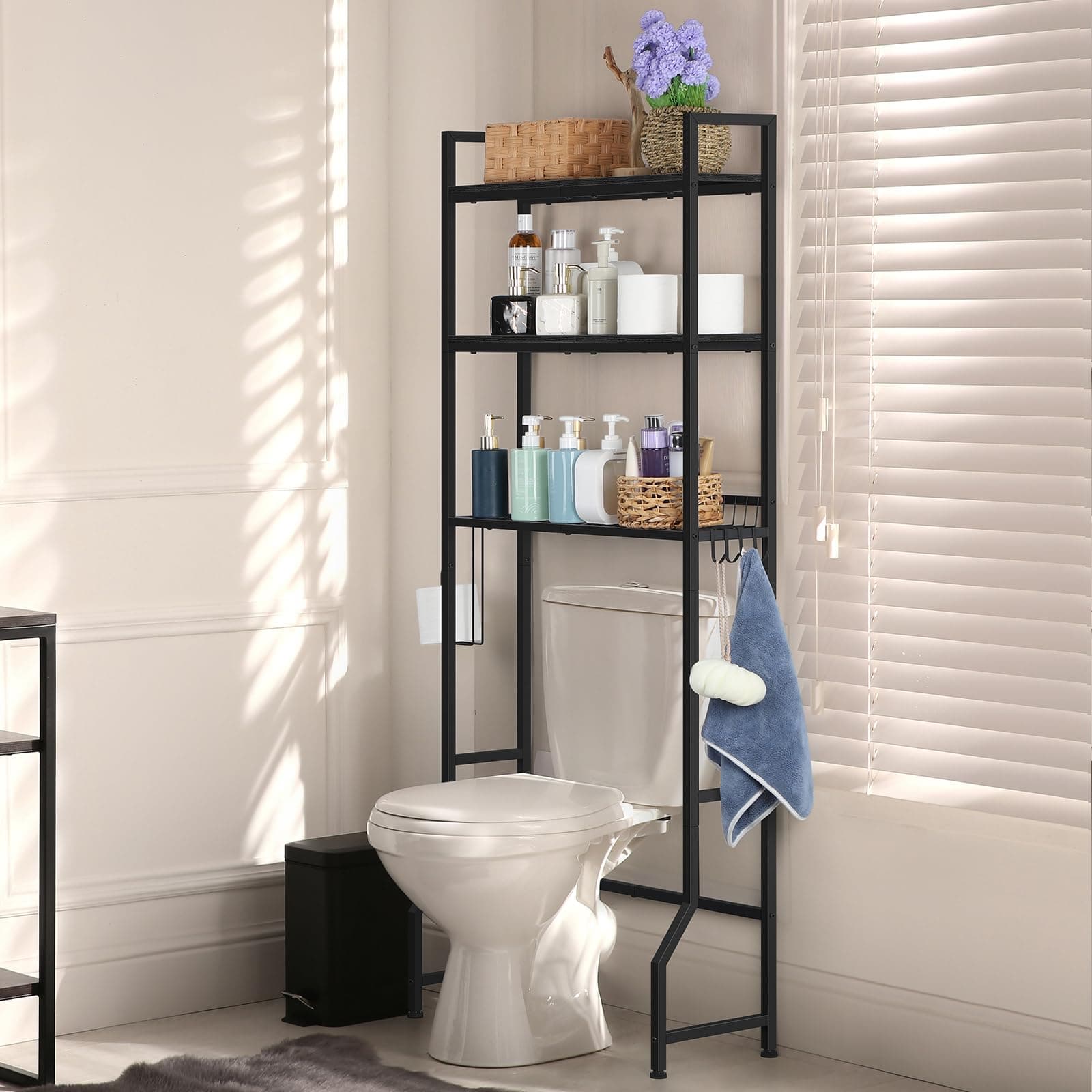 3 Tier Over the Toilet Storage Organizer with Hooks and Paper Holder - Black Stand