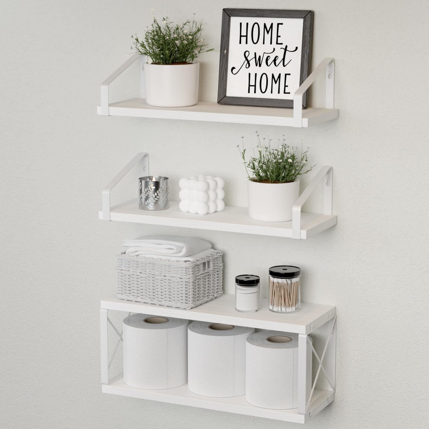 White Wall-Mounted Floating Shelves for Bedroom, Kitchen & Bathroom Storage
