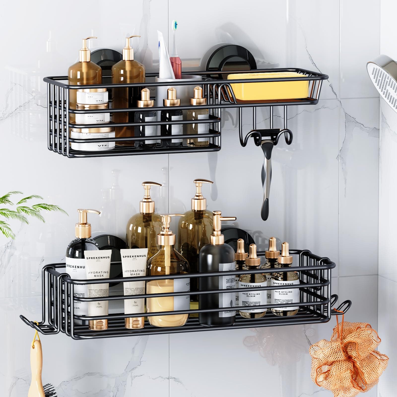 Leverloc No-Drilling Rustproof Black Bathroom Shower Caddy & Hooks, 2 Pack