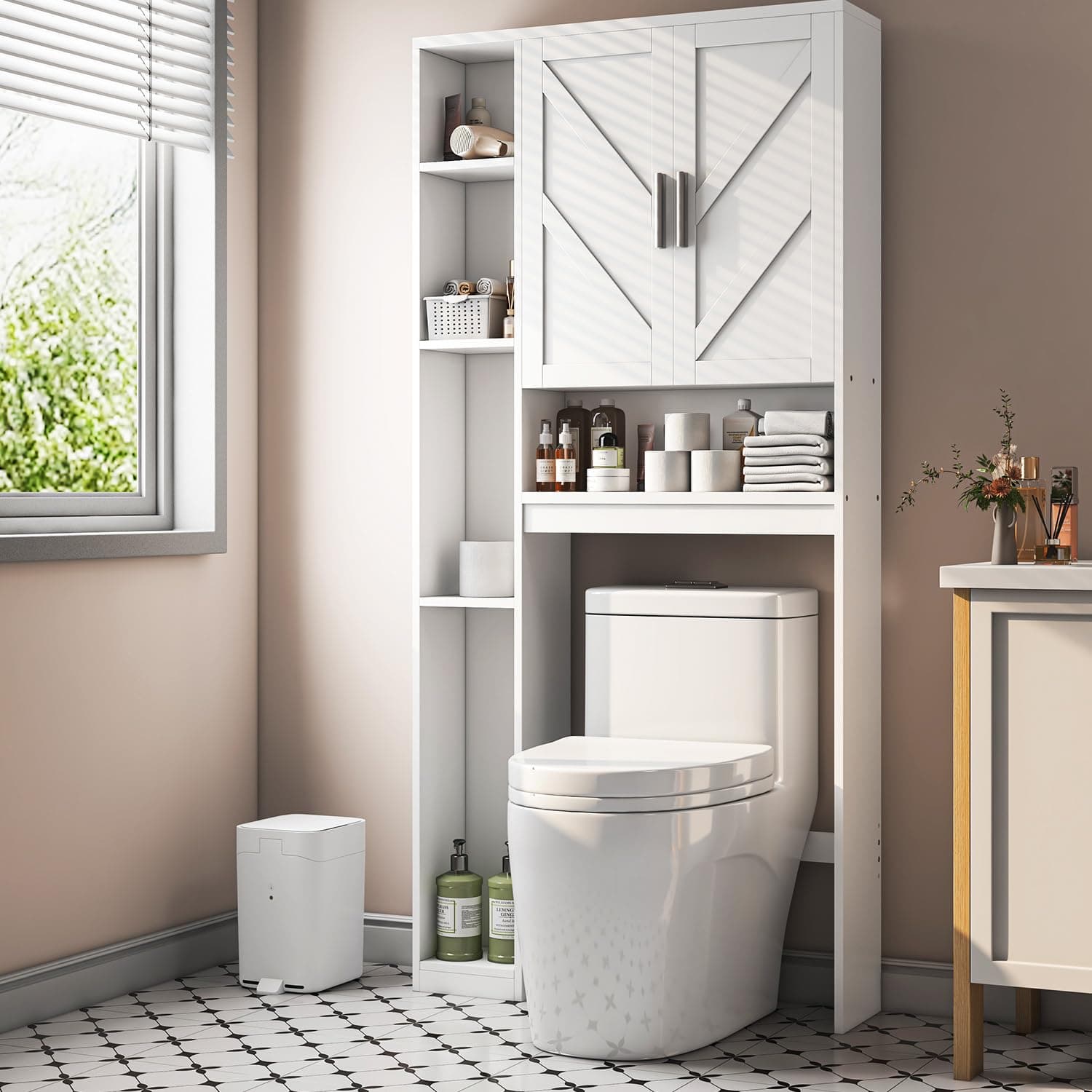White Space-Saving Toilet Cabinet with 7 Shelves & Paper Holder, Above Toilet Organizer