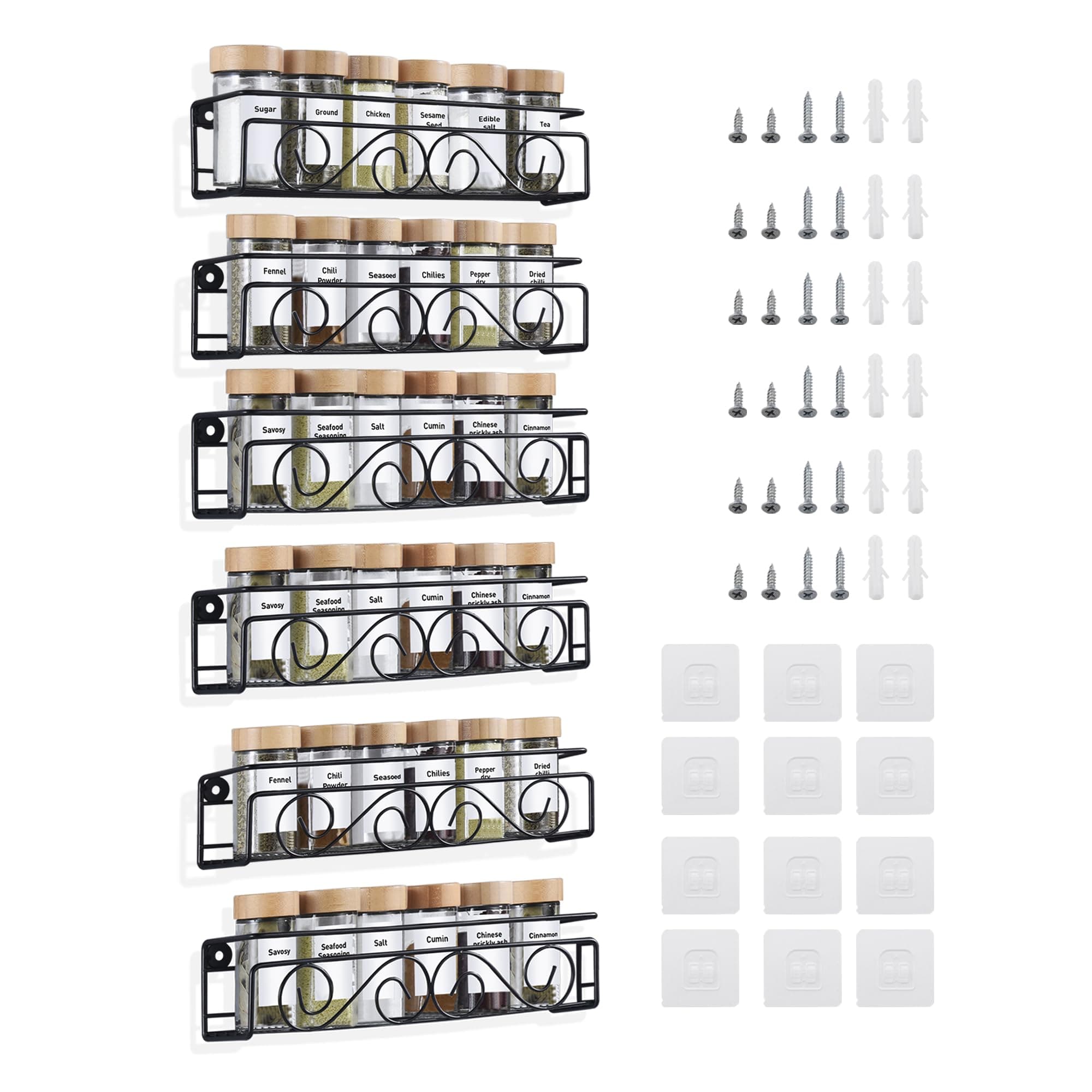 Screw or Adhesive Hanging Spice Rack 6 Pack, 2.5"x2.7"x12", Kitchen Organizer