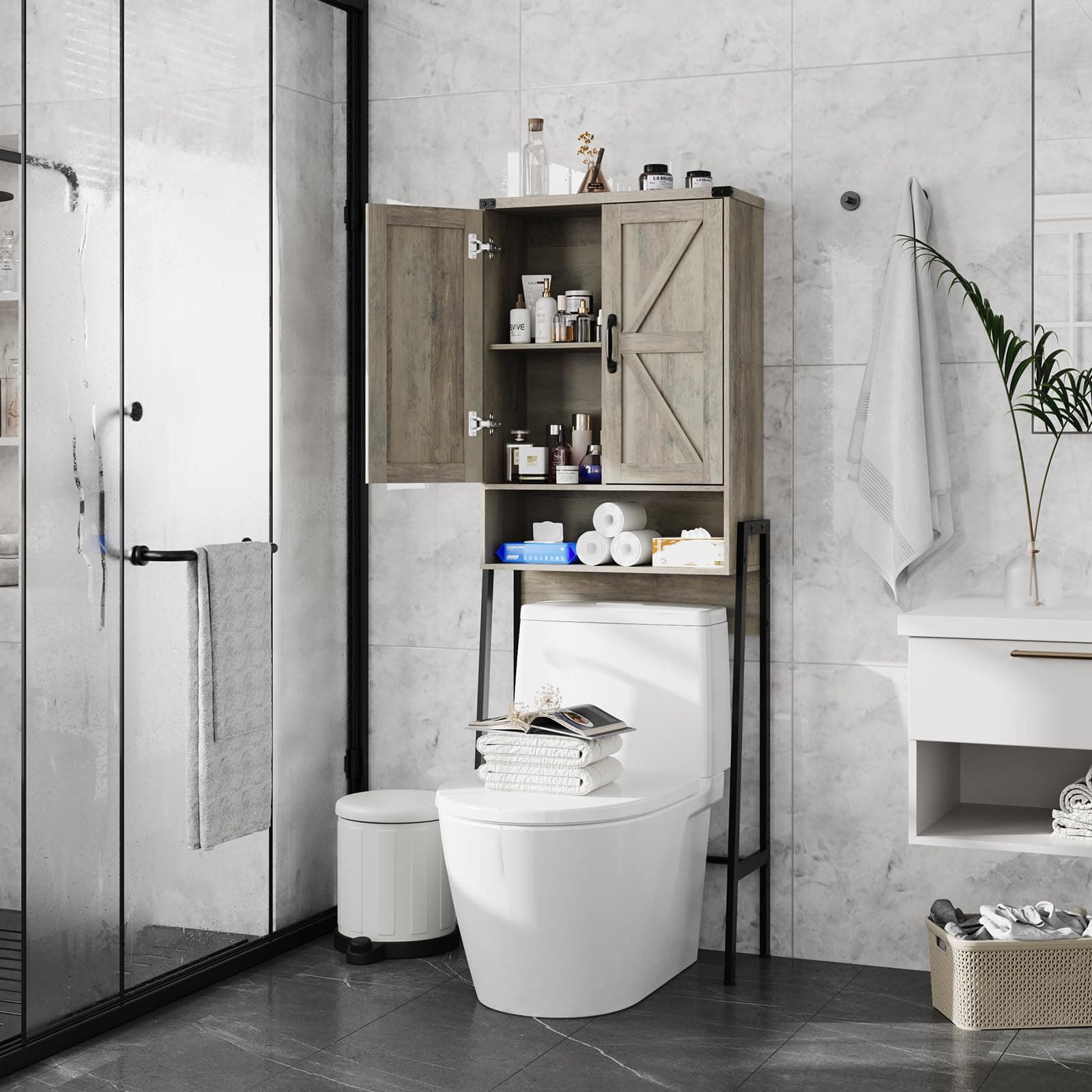 Over-the-Toilet Storage Cabinet with Anti-Tip Shelves, Grey