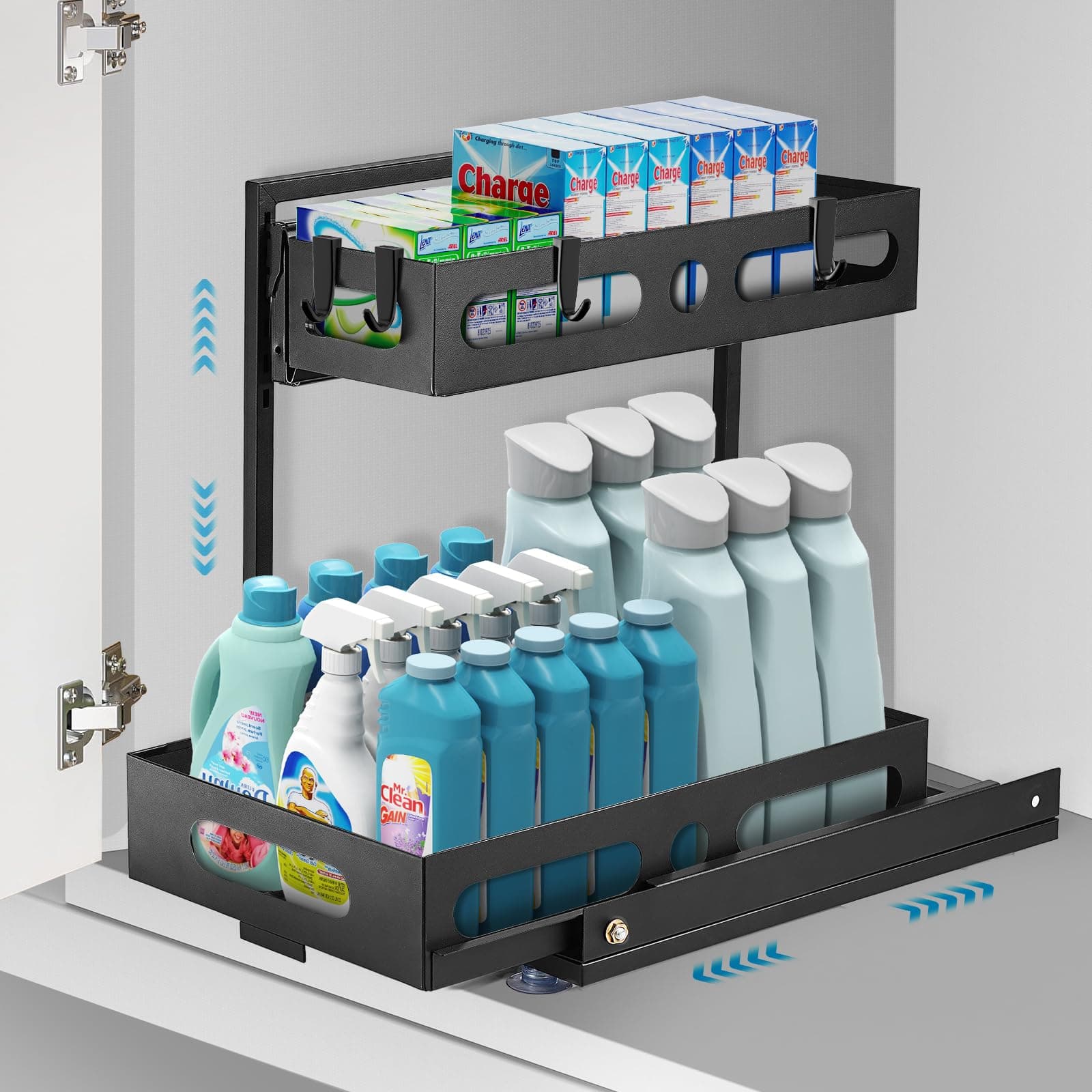 2-Tier Metal Under Sink Organizer with Adjustable Height for Kitchen and Bathroom