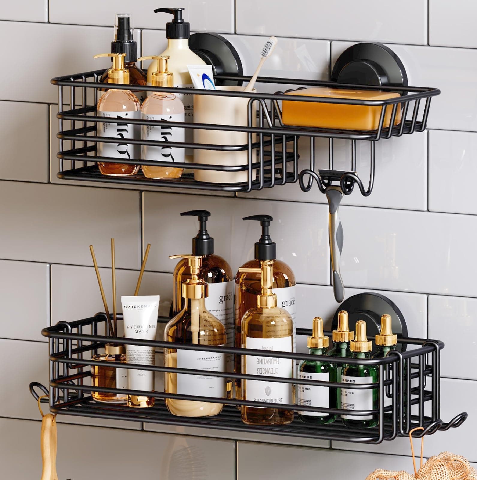 TAILI 2 Pack Heavy Duty Black Metal Shower Organizer with Hooks & Soap Holder