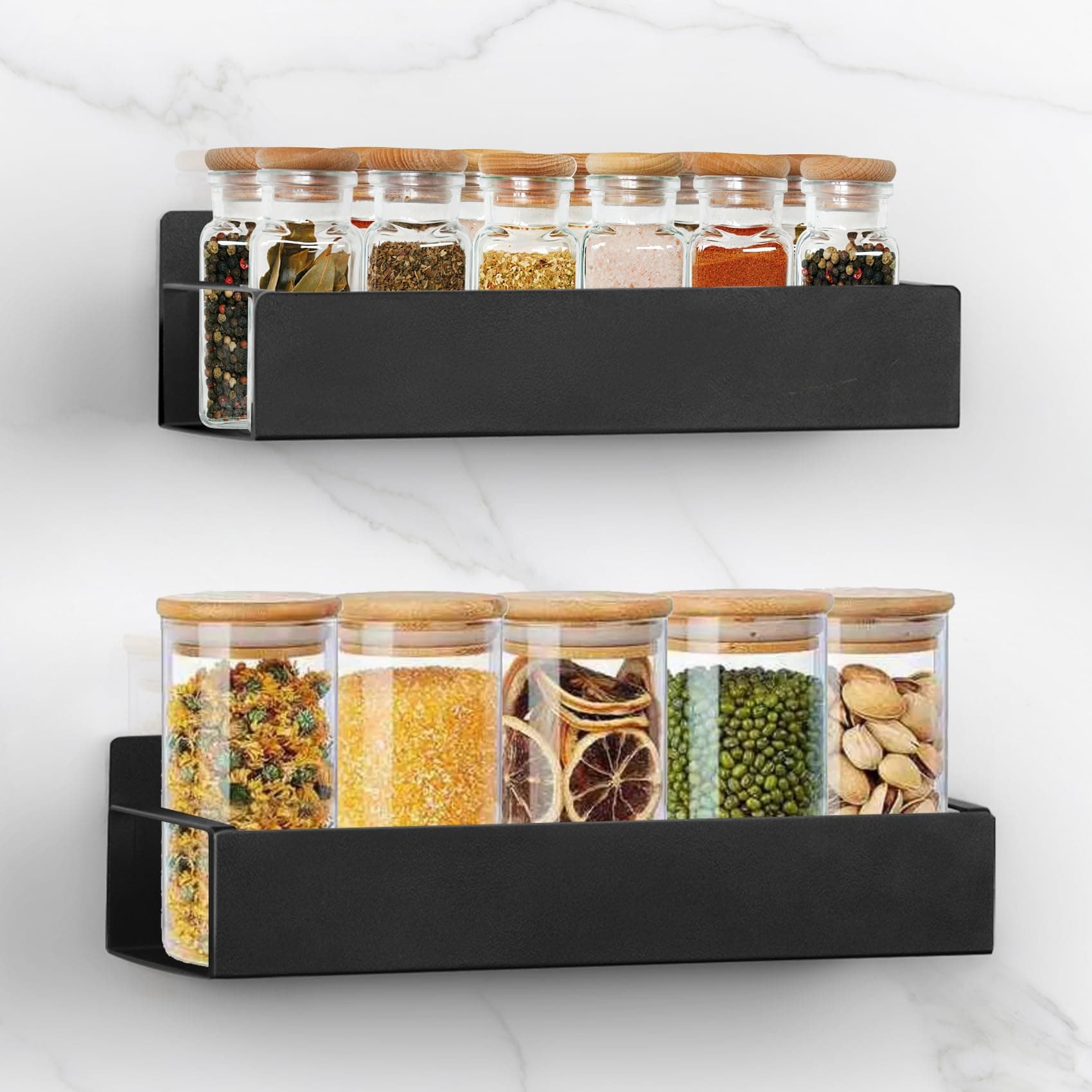 Adhesive Spice Rack for Wall: Set of 2 Black Wall-Mounted Racks - 11.8 Large Organizer for Kitchen or Bathroom