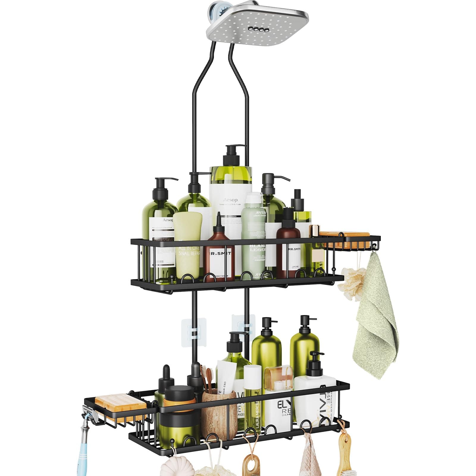 Black Rustproof Over Shower Organizer with Hooks & Soap Holders - Adjustable Height