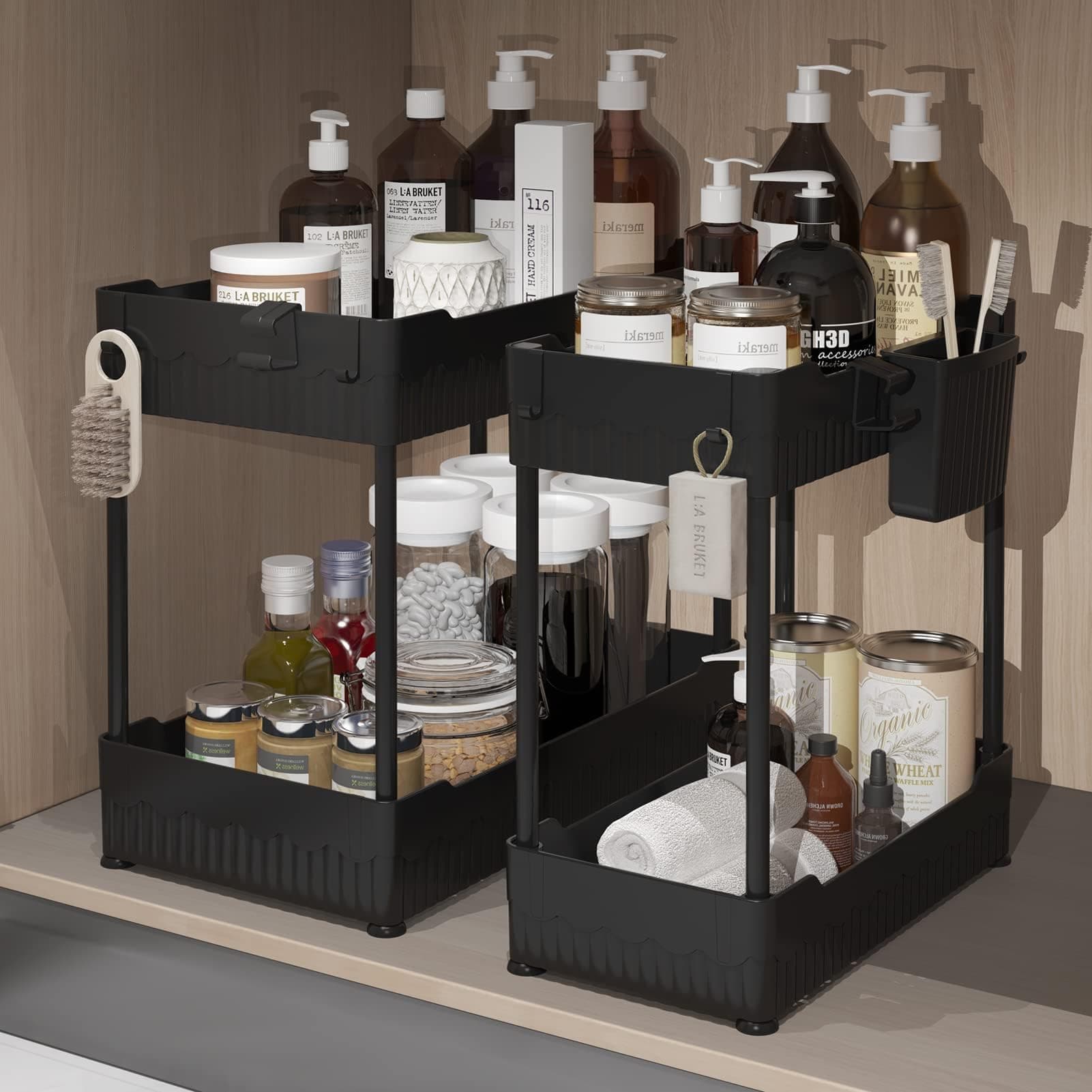 2 Pack Under Sink Organizer, Black: Hooks & Cups for Multi-Purpose Storage