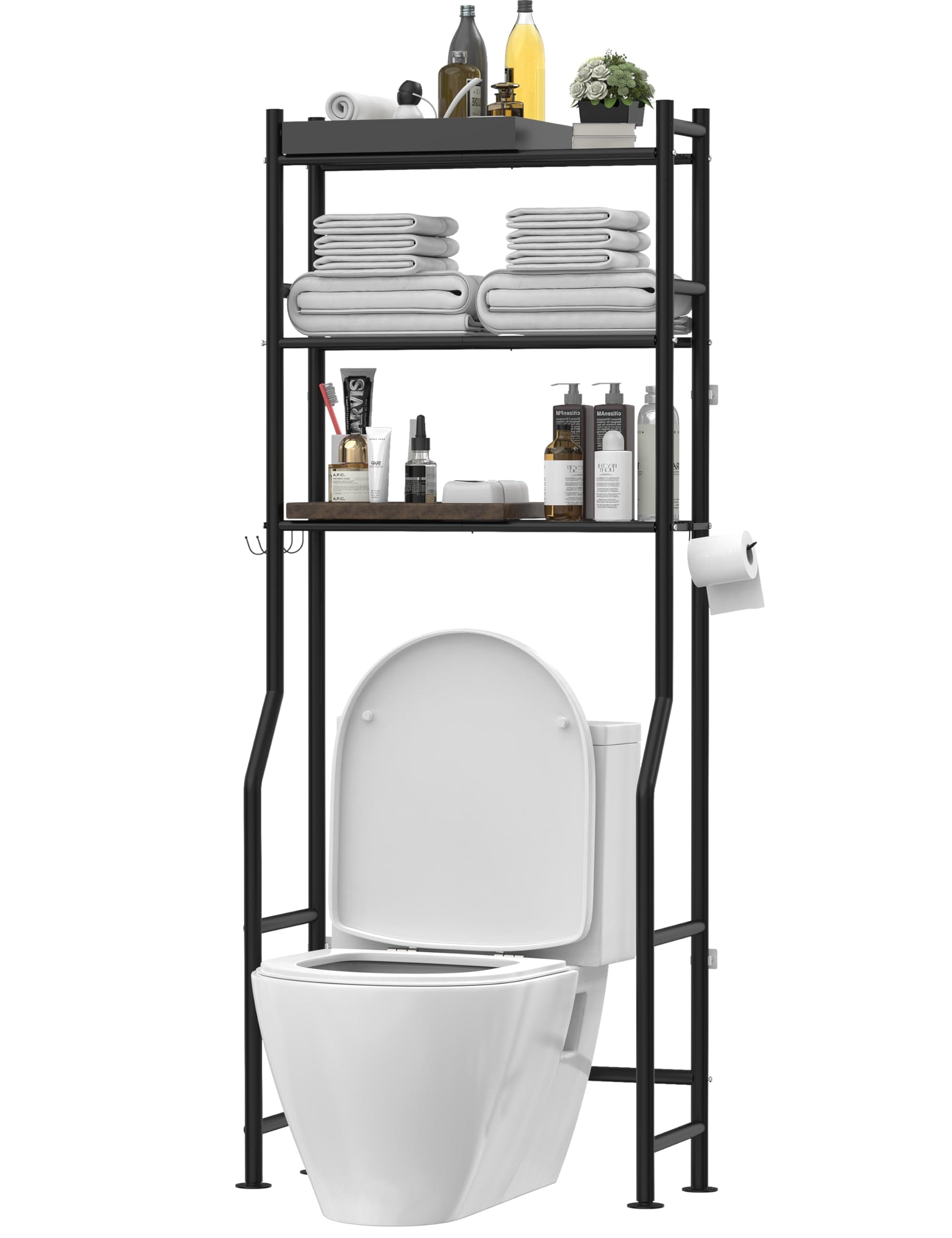 Black 3-Tier Over-the-Toilet Storage Shelves with Hooks and Paper Holder
