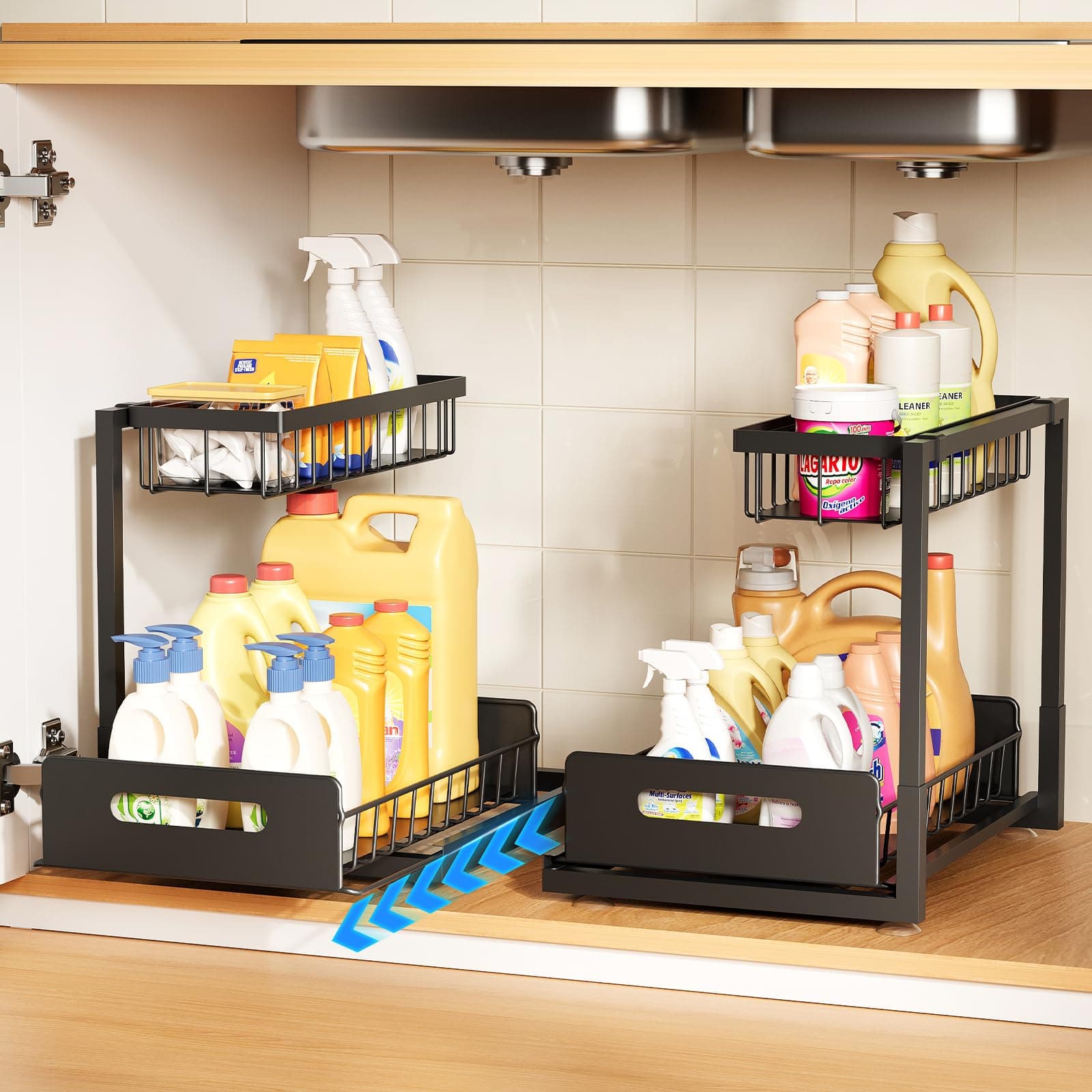 2 Pack Under Sink Metal Cabinet Organizer Shelf with Sliding Drawer, Kitchen & Bathroom Storage
