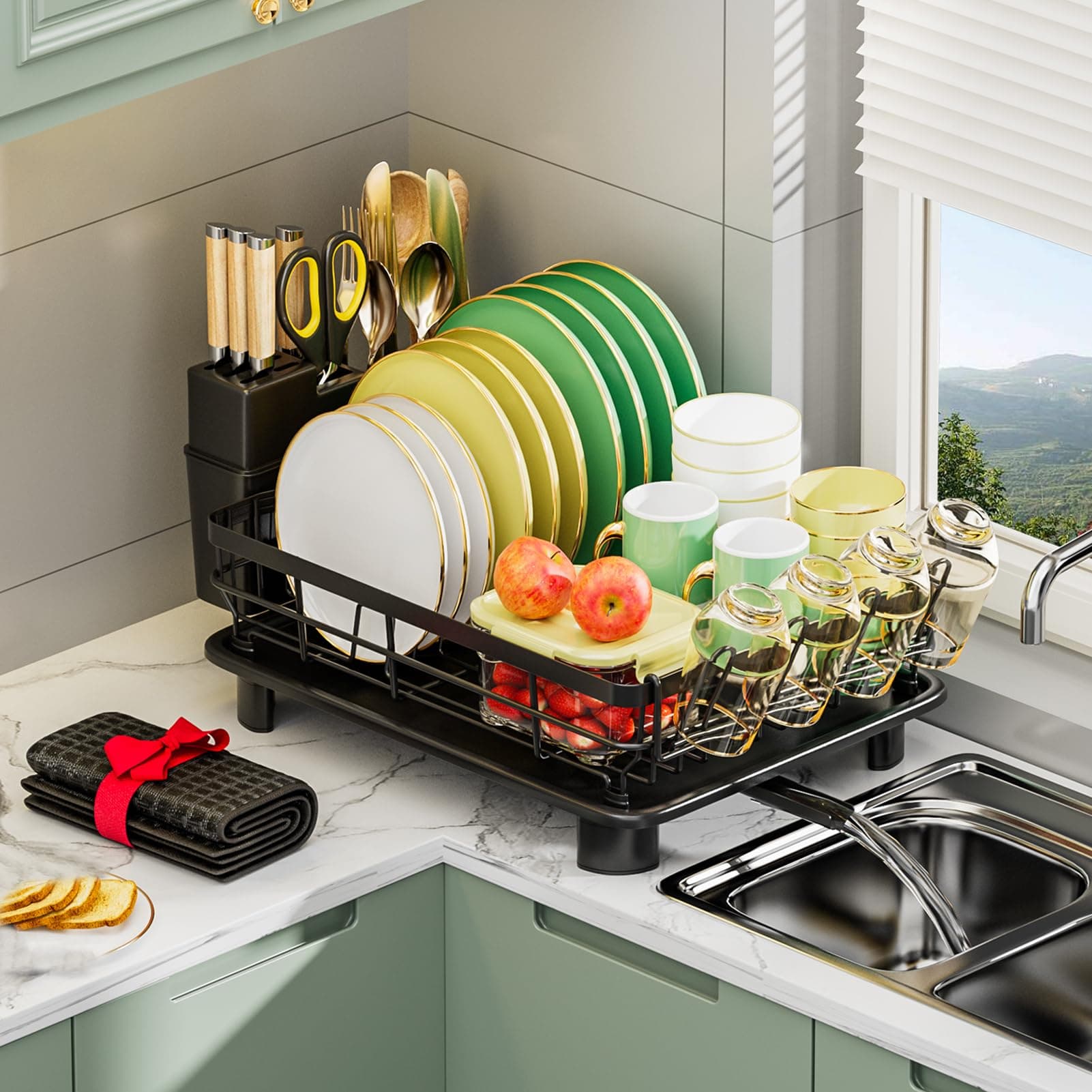 Large Drainboard Rack for Kitchen Counter - 4 Slots, Knife Fork Holder, Cup Organizer, Durable Black Steel