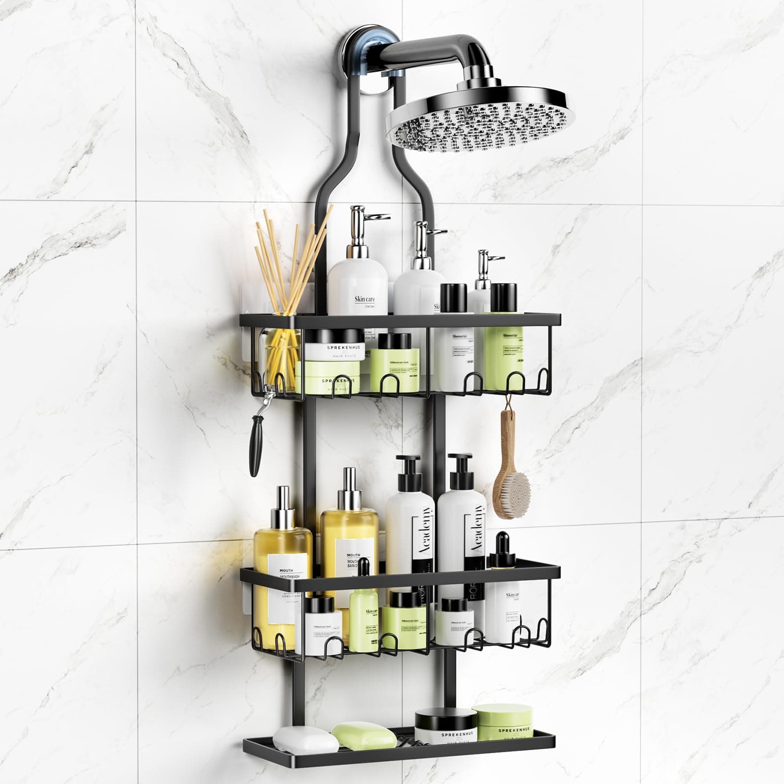 AHNR Black Shower Caddy Hanging, Over Showerhead Organizer with Hooks