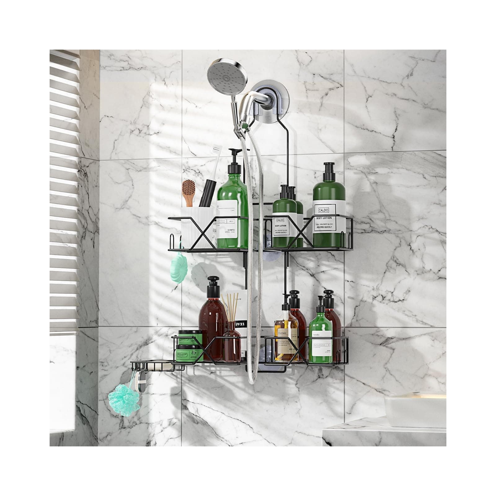 Upgraded Hanging Shower Caddy with Hooks & Soap Holder, Adjustable Height Rack