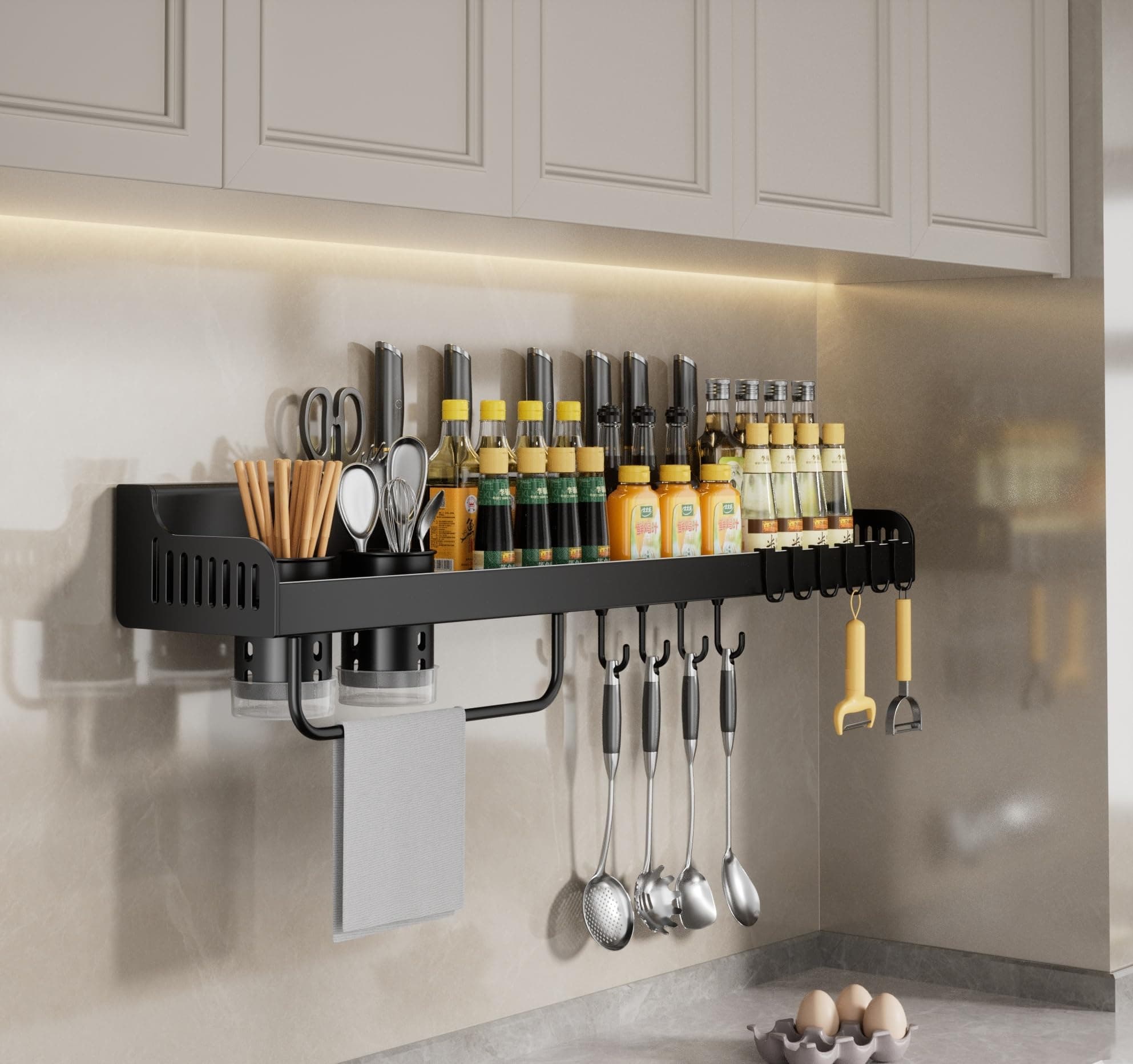 Stainless Steel Wall Mount Spice Rack with Hooks, 23.7in Seasoning Jar Organizer (Black)