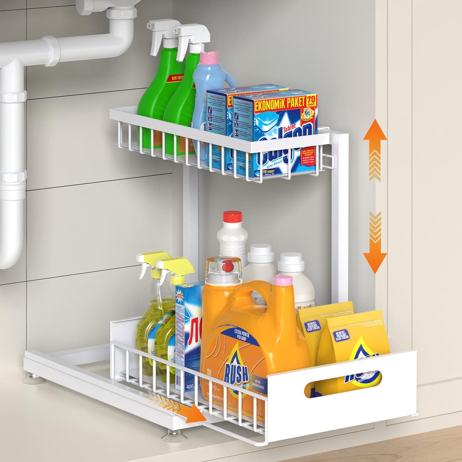 Under Sink Storage Racks 2-Tier Height Adjustable White | Kitchen & Bathroom Organizers