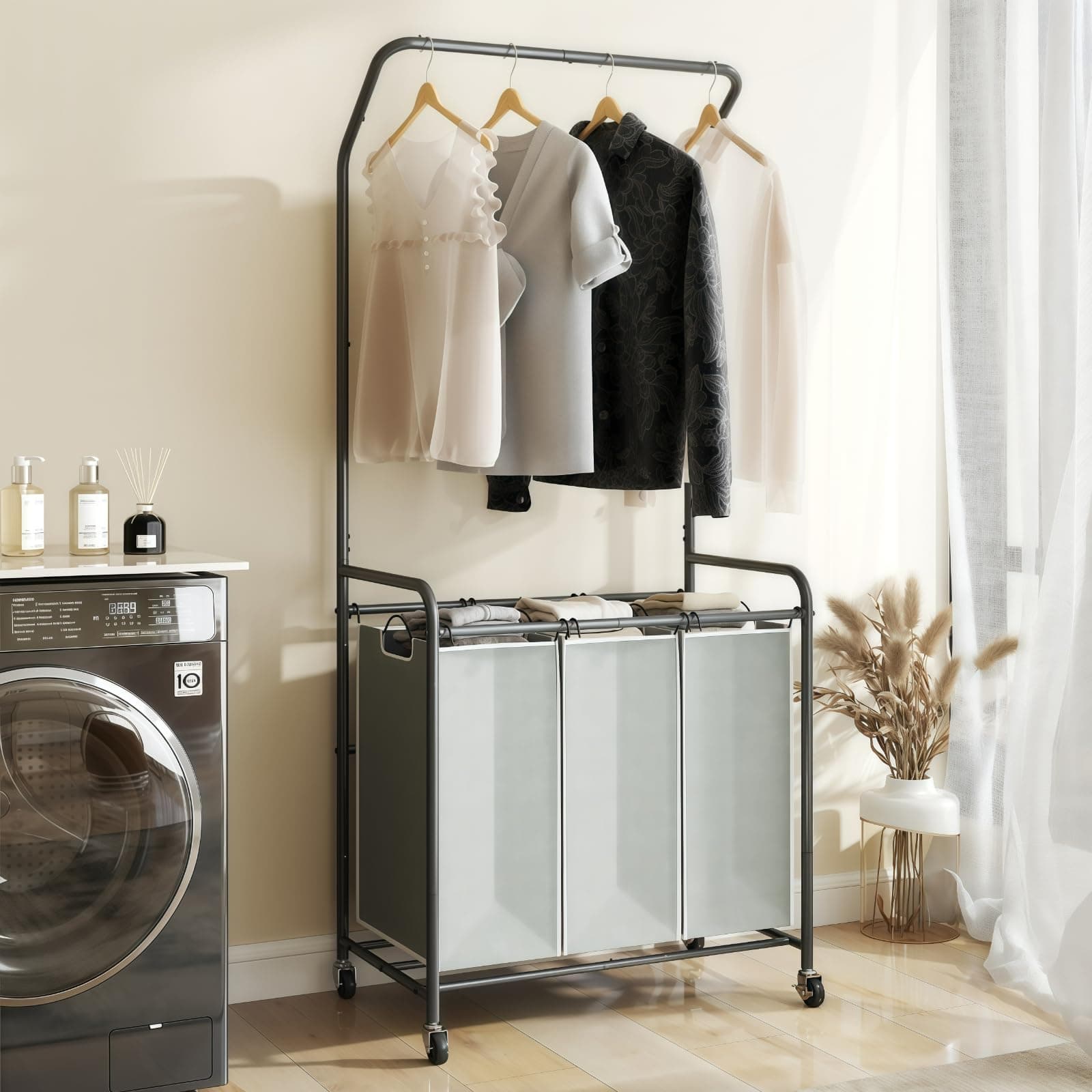 ROMOON 3-Section Laundry Hamper with Hanging Rack & Lockable Wheels - Upgraded 2025
