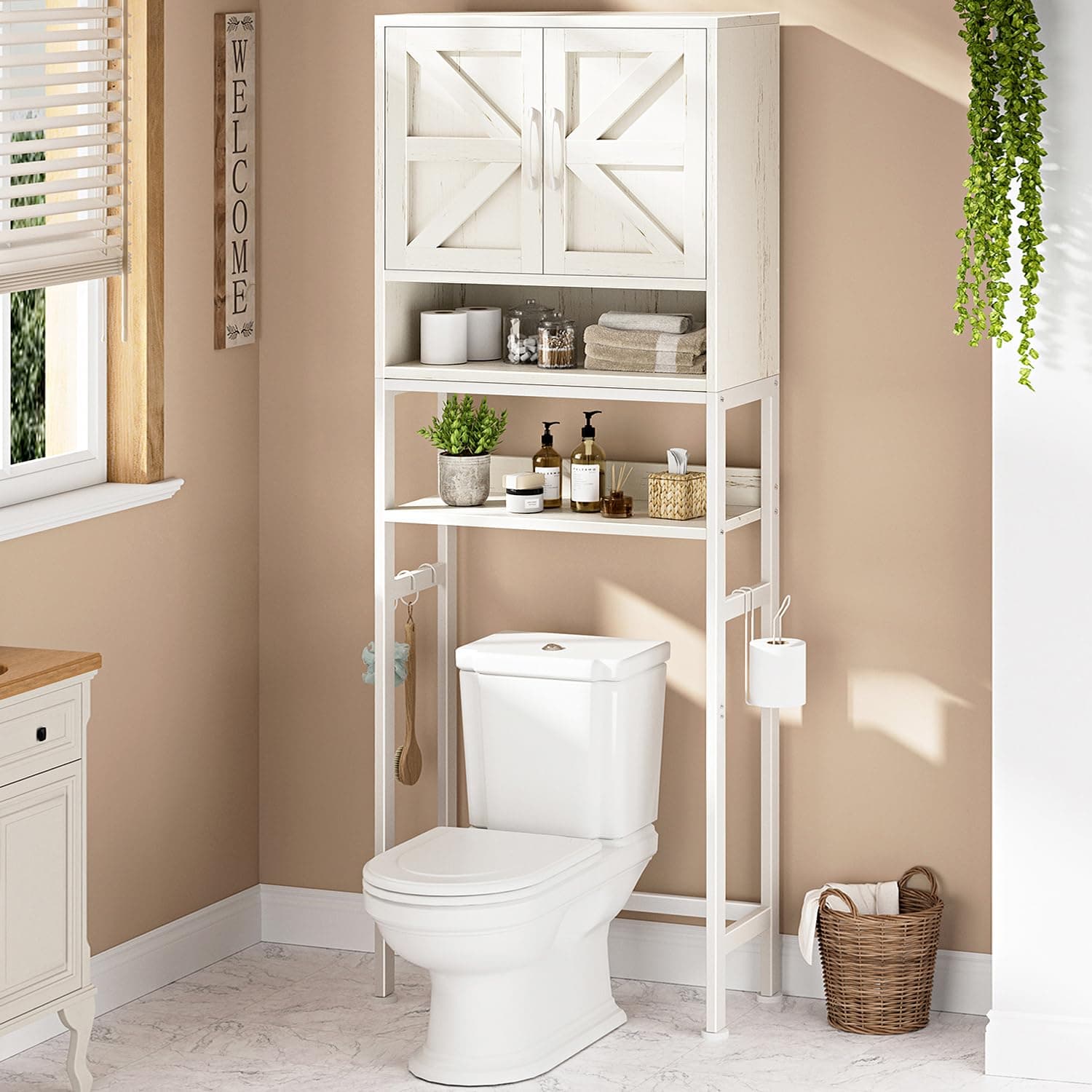 Narrow Farmhouse Toilet Cabinet with Doors 71" Tall Distressed White