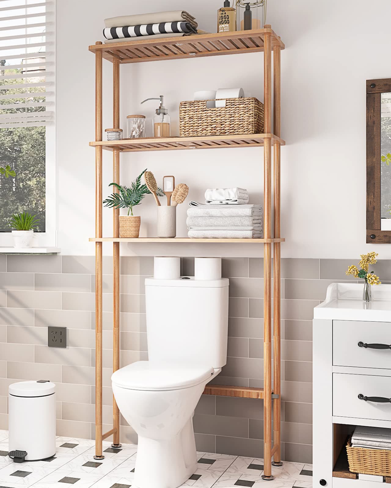 AmazerBath 3-Tier Bamboo Over the Toilet Organizer Rack, Space Saver for Bathroom & Laundry