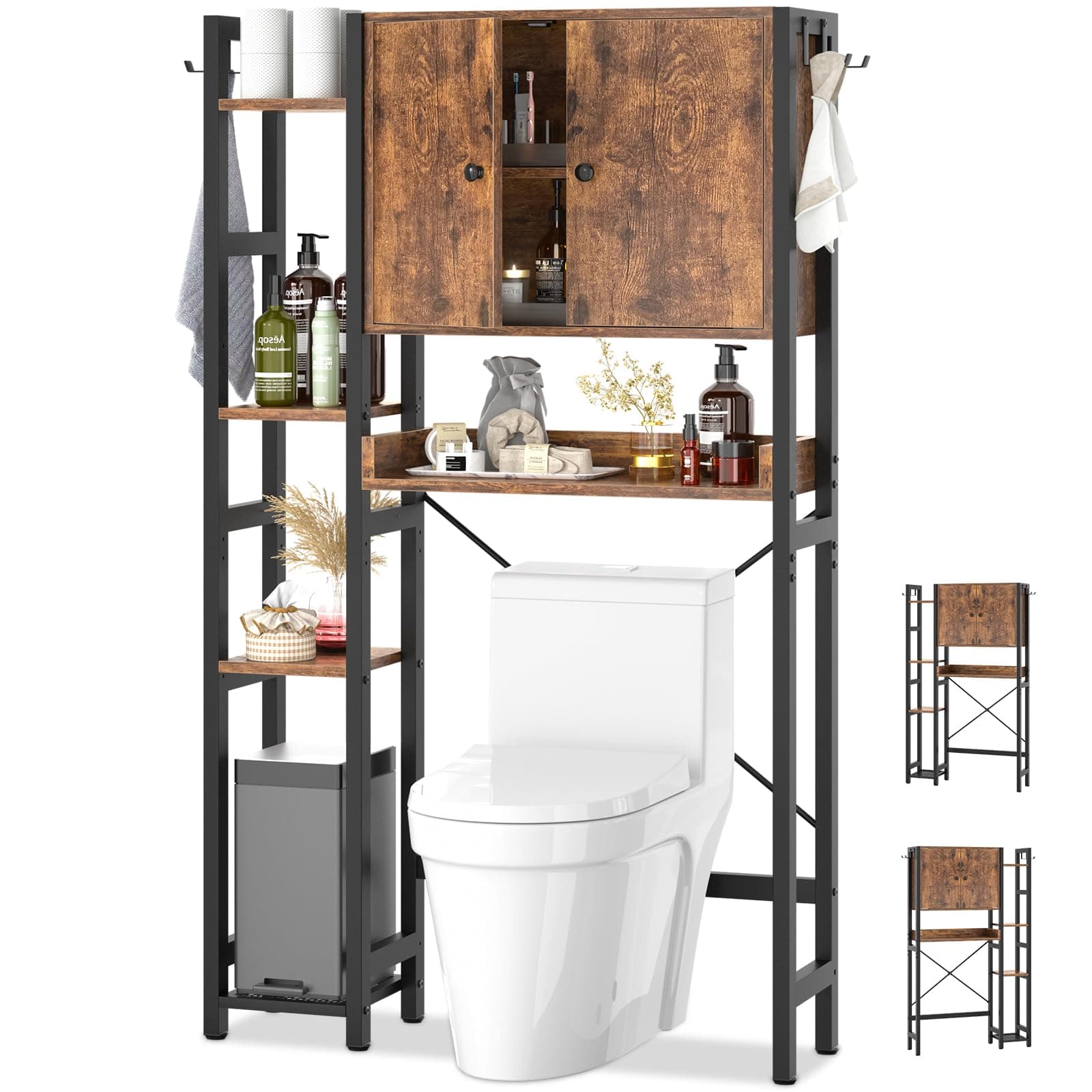 Rustic 7-Tier Over-the-Toilet Storage Cabinet with Adjustable Shelf & 4 Hooks