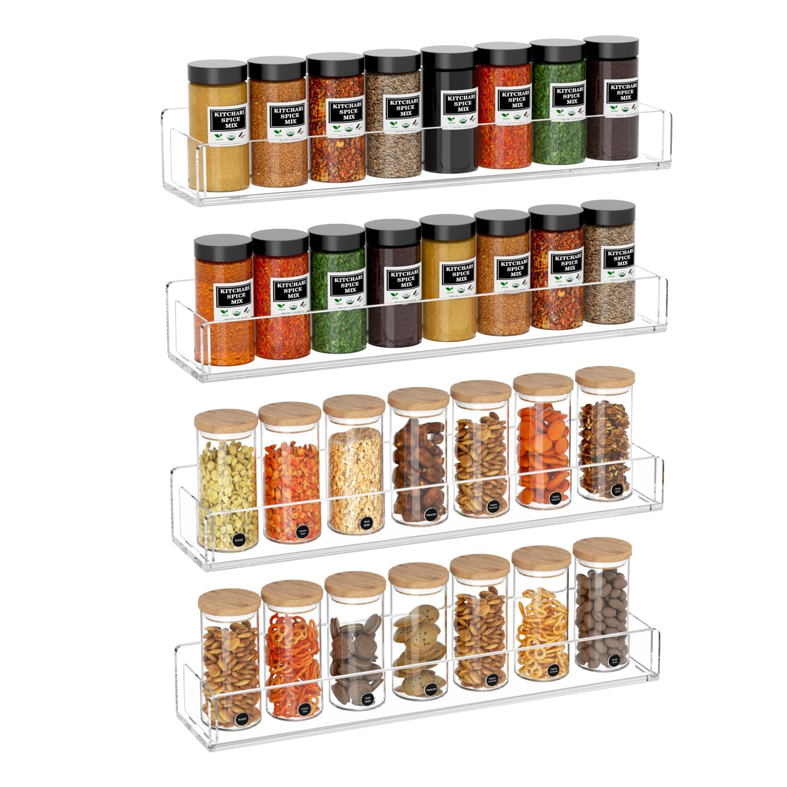 NIUBEE Clear Acrylic Spice Organizer Wall Mount랙, 4 Pack Kitchen Hanging Shelf