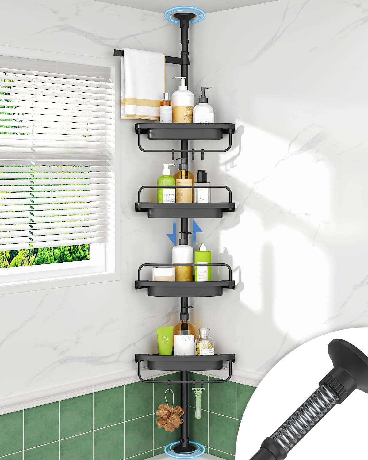 ALLZONE Rustproof Bathroom Shower Caddy with 4-Tier Shelves for Bathtub Storage, Black