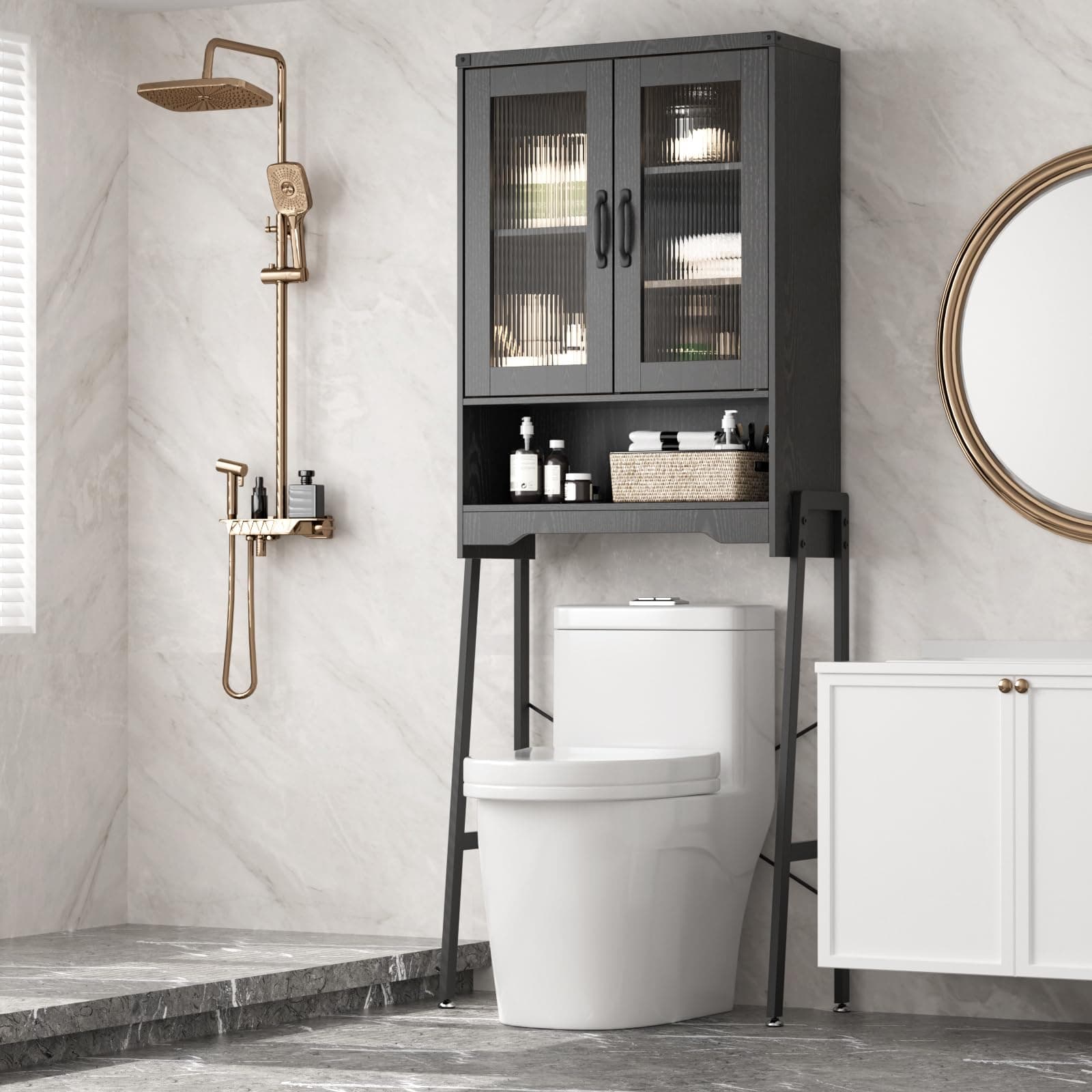 Black Tall Freestanding Toilet Cabinet with Glass Doors & Adjustable Shelf