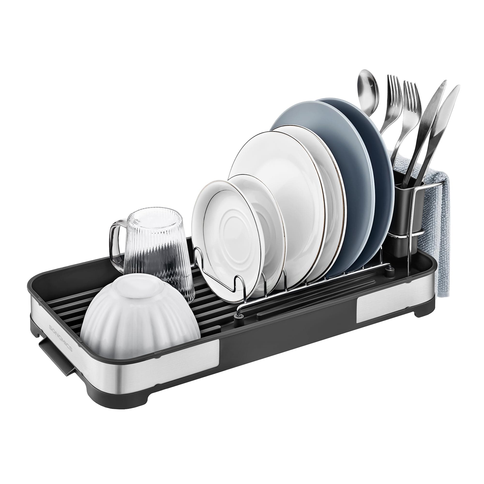 SONGMICS Stainless Steel Dish Drying Rack, Silver & Black, Kitchen Counter UKCS034B01