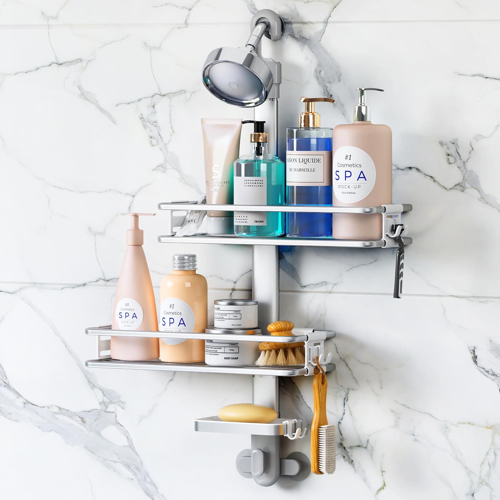 3 Tier Aluminum Shower Caddy Organizer with Soap and Razor Holder, Silver