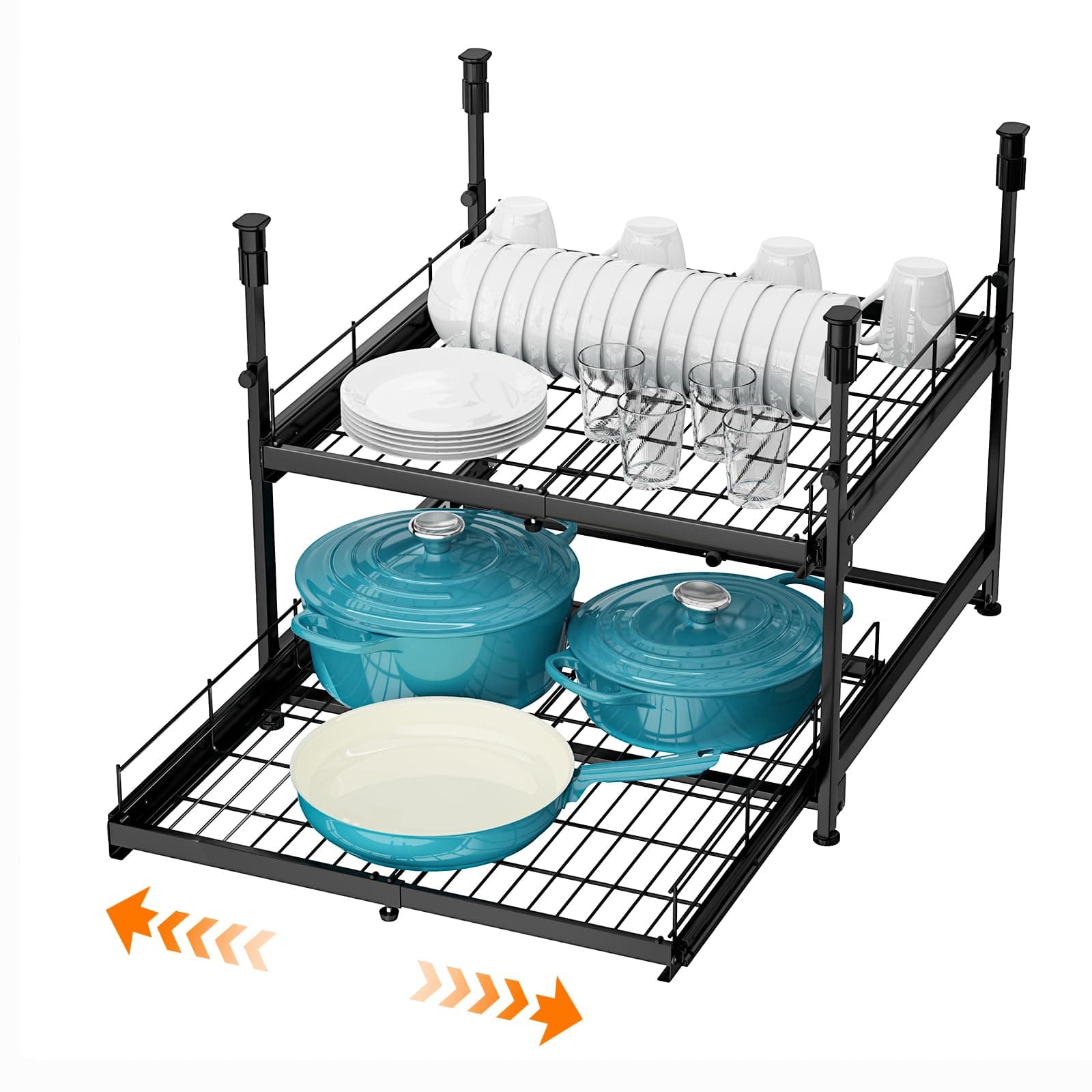 21" Deep No-Drill Kitchen Cabinet Organizer for Pots and Pans, Black Expandable Shelves